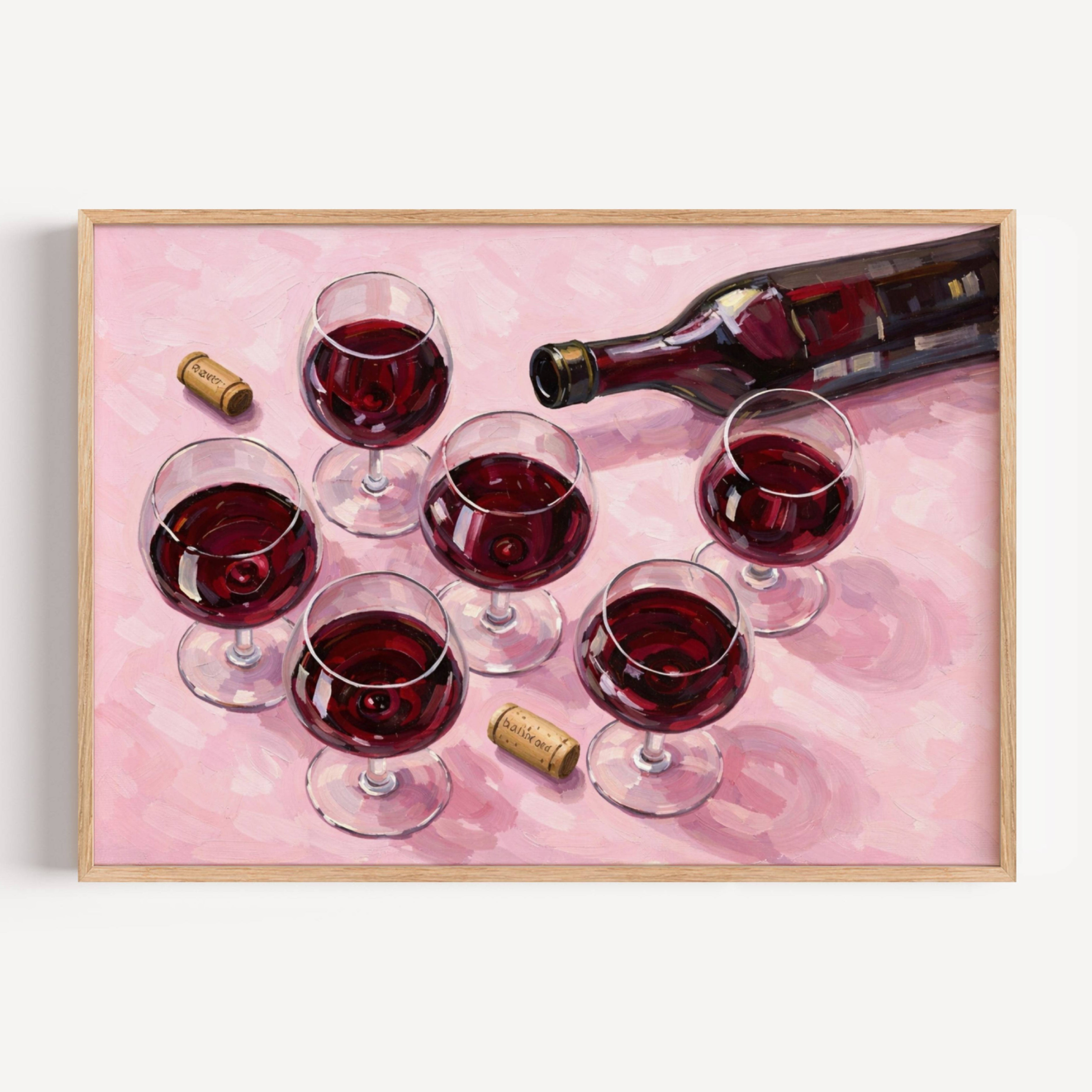 After Hours Wine still life hand painted Kitchen wall art with wine glasses and wine bottle illustrations with expressive painterly texture on a pink background. This is a hand drawn typography kitchen and bar cart art Print decor for kitchens, dining spaces and eclectic interiors.
