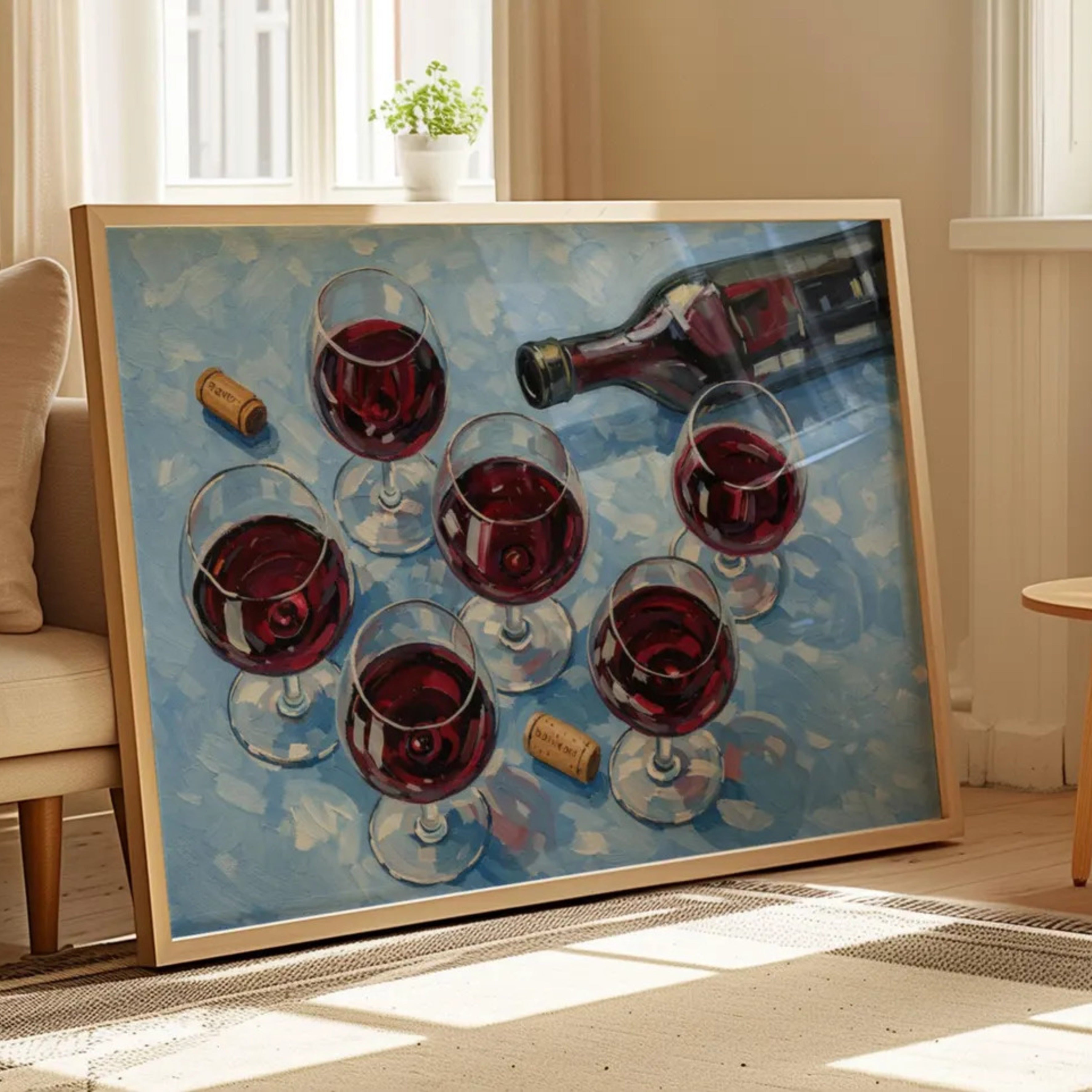 After Hours Wine still life hand painted Kitchen wall art with wine glasses and wine bottle illustrations with expressive painterly texture on a blue background. This is a hand drawn typography kitchen and bar cart art Print decor for kitchens, dining spaces and eclectic interiors.