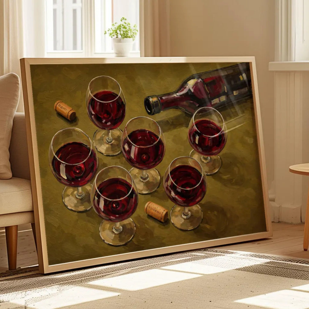 After Hours Wine still life hand painted Kitchen wall art with wine glasses and wine bottle illustrations with expressive painterly texture on a khaki background. This is a hand drawn typography kitchen and bar cart art Print decor for kitchens, dining spaces and eclectic interiors.