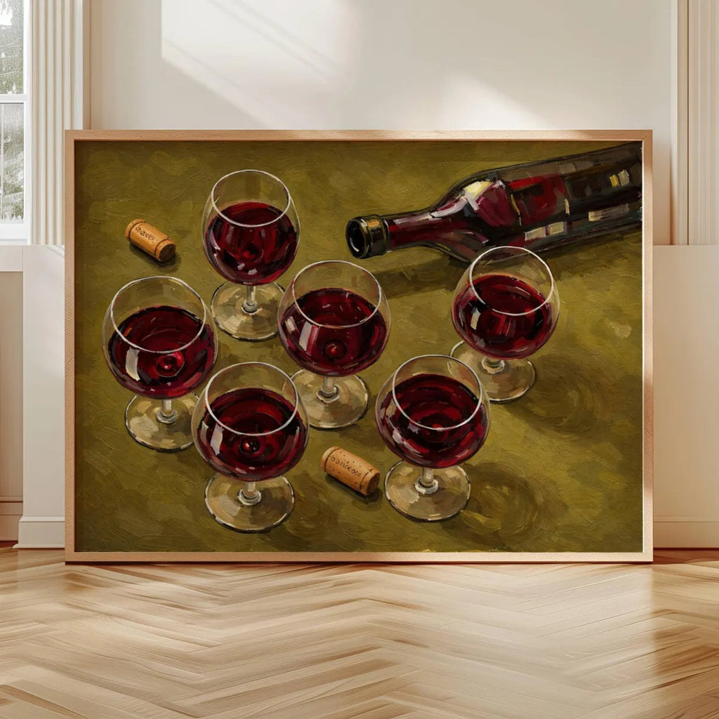 After Hours Wine still life hand painted Kitchen wall art with wine glasses and wine bottle illustrations with expressive painterly texture on a khaki background. This is a hand drawn typography kitchen and bar cart art Print decor for kitchens, dining spaces and eclectic interiors.