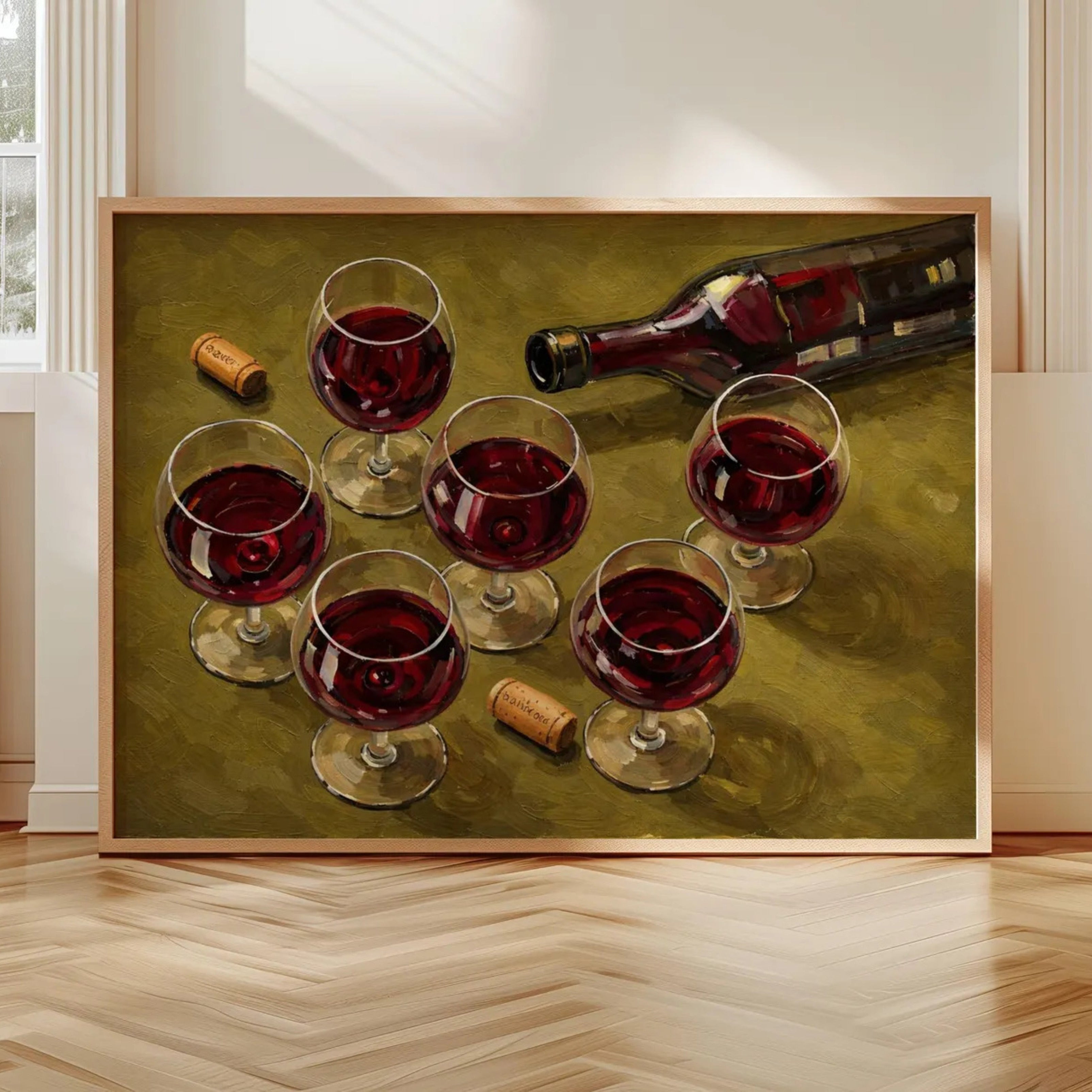 After Hours Wine still life hand painted Kitchen wall art with wine glasses and wine bottle illustrations with expressive painterly texture on a khaki background. This is a hand drawn typography kitchen and bar cart art Print decor for kitchens, dining spaces and eclectic interiors.