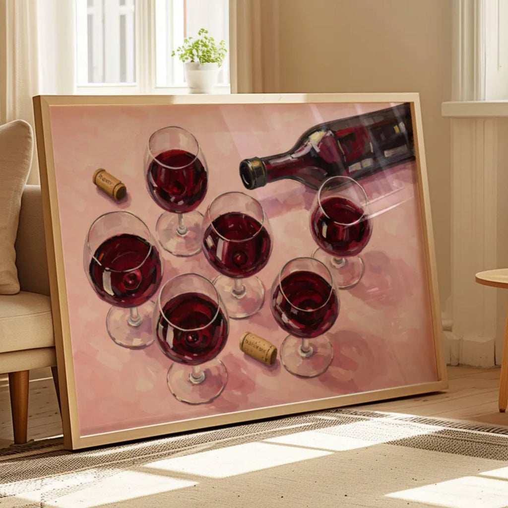 After Hours Wine still life hand painted Kitchen wall art with wine glasses and wine bottle illustrations with expressive painterly texture on a pink background. This is a hand drawn typography kitchen and bar cart art Print decor for kitchens, dining spaces and eclectic interiors.