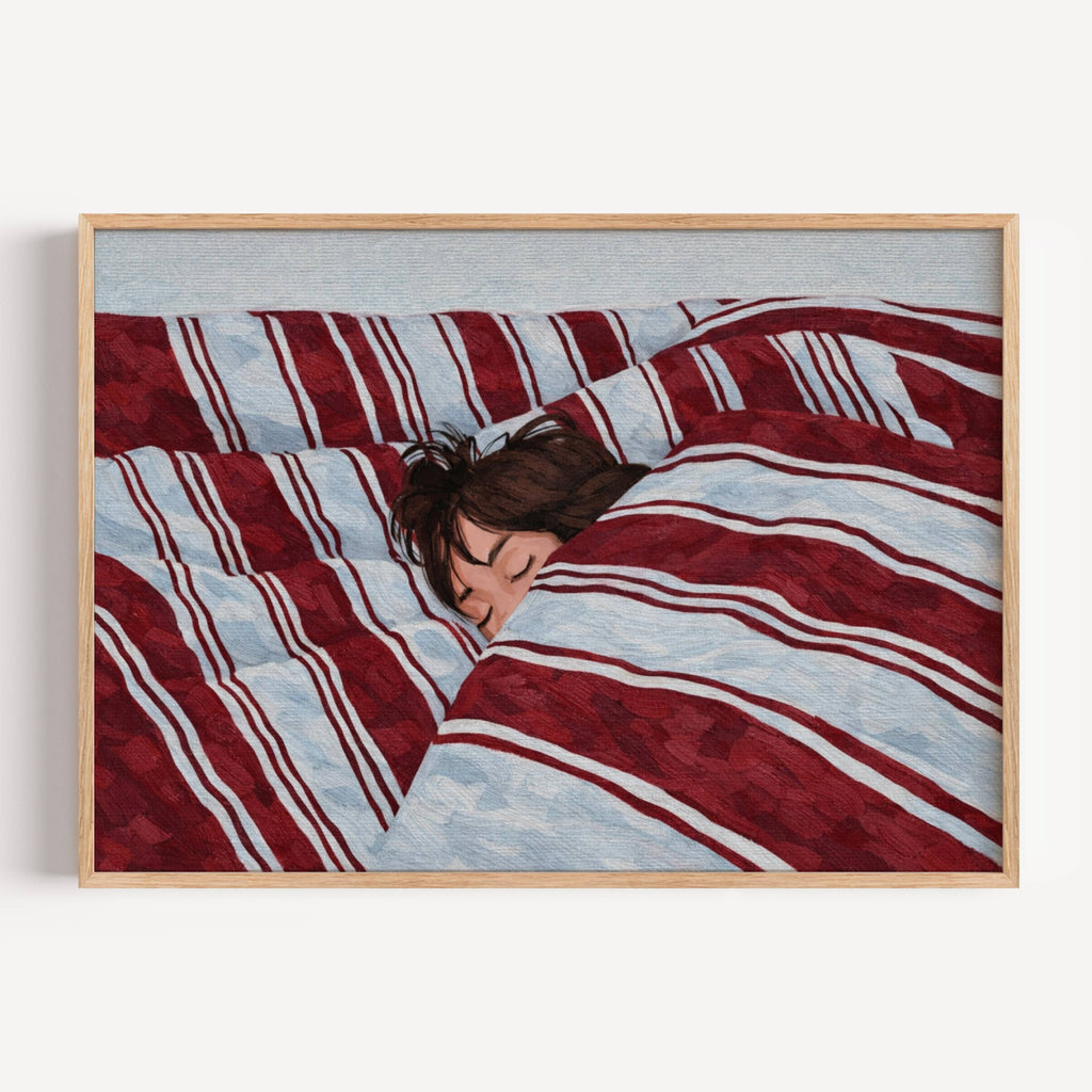 against all productivity is a hand painted wall art print of a sleeping womam in striped bedding, in blue and burgundy tones, inspired by slow mornings and nostalgic interiors, symbolizing quiet luxury and unhurried mornings. Horizontal above bed oil painting wall art print . sunday morning aesthetic intimate wall art