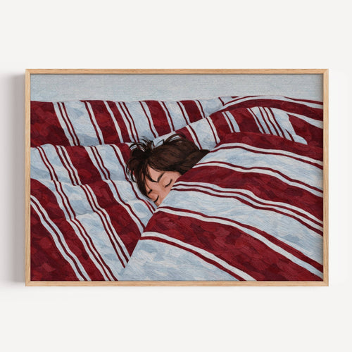against all productivity is a hand painted wall art print of a sleeping womam in striped bedding, in blue and burgundy tones, inspired by slow mornings and nostalgic interiors, symbolizing quiet luxury and unhurried mornings. Horizontal above bed oil painting wall art print . sunday morning aesthetic intimate wall art