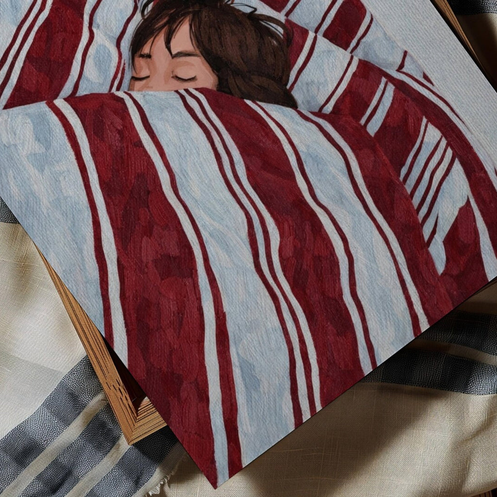 against all productivity is a hand painted wall art print of a sleeping womam in striped bedding, in blue and burgundy tones, inspired by slow mornings and nostalgic interiors, symbolizing quiet luxury and unhurried mornings. Horizontal above bed oil painting wall art print . sunday morning aesthetic intimate wall art