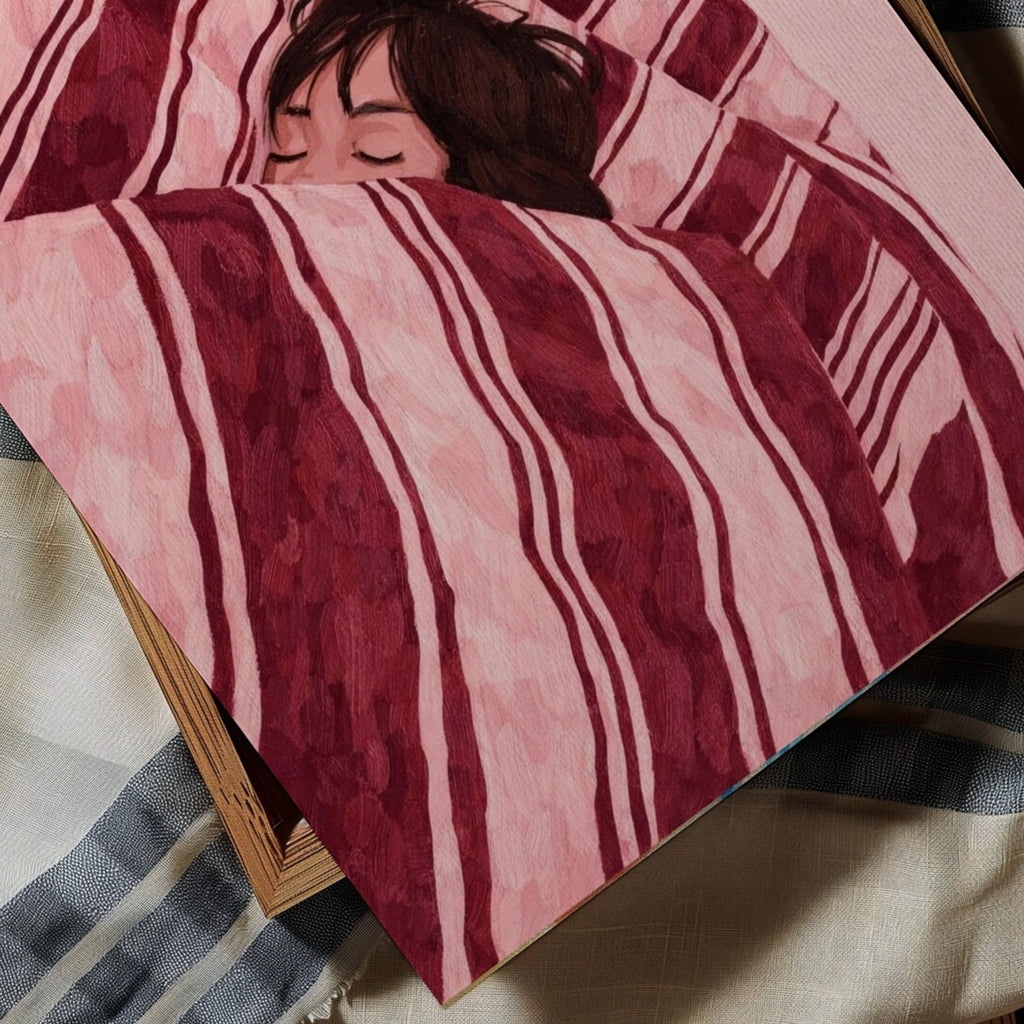 against all productivity is a hand painted wall art print of a sleeping womam in striped bedding, in pink and burgundy tones, inspired by slow mornings and nostalgic interiors, symbolizing quiet luxury and unhurried mornings. Horizontal above bed oil painting wall art print . sunday morning aesthetic intimate wall art