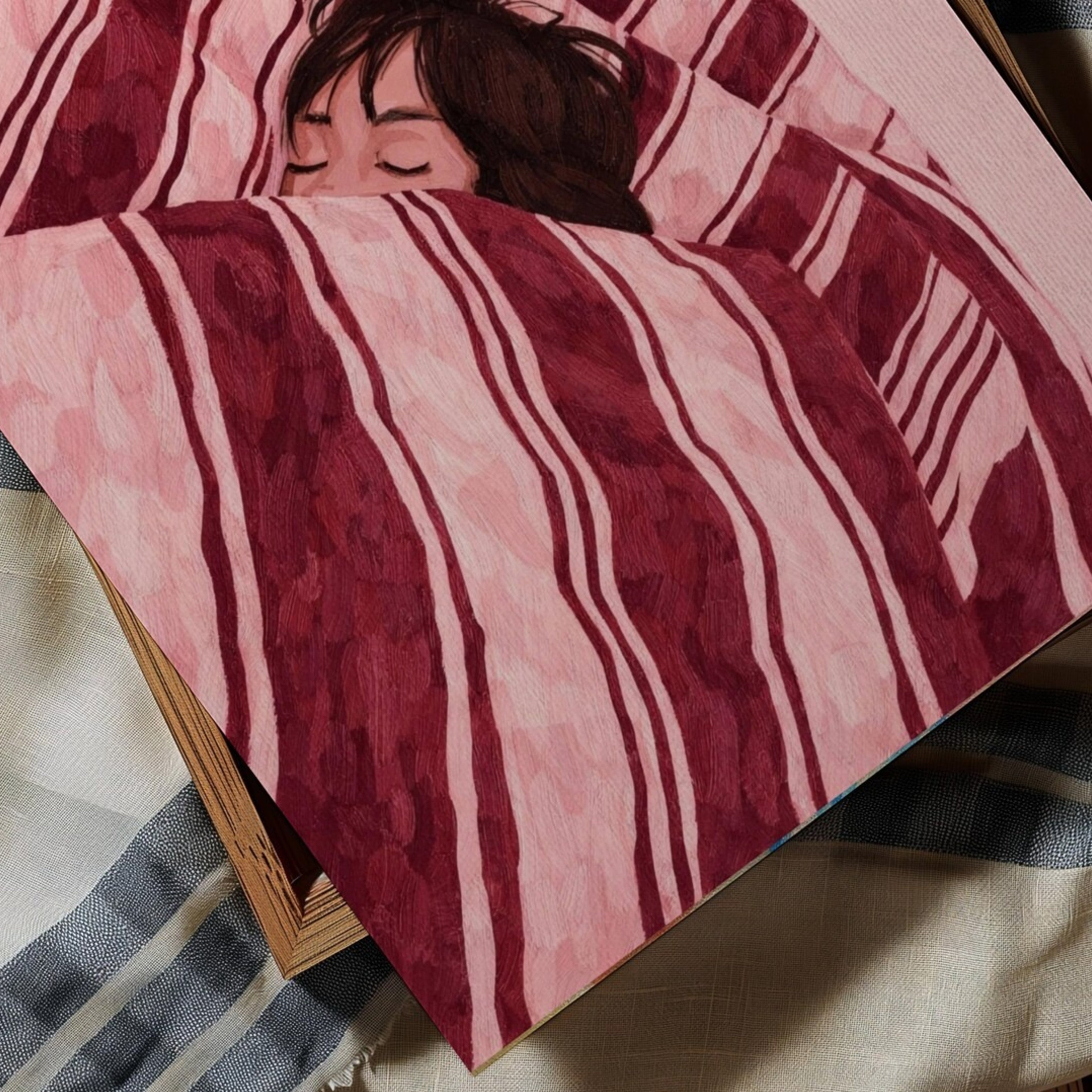 against all productivity is a hand painted wall art print of a sleeping womam in striped bedding, in pink and burgundy tones, inspired by slow mornings and nostalgic interiors, symbolizing quiet luxury and unhurried mornings. Horizontal above bed oil painting wall art print . sunday morning aesthetic intimate wall art
