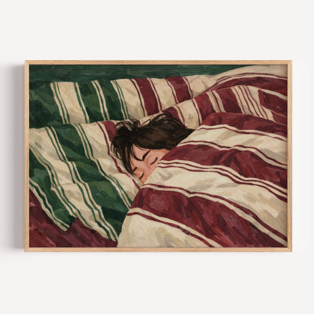 against all productivity is a hand painted wall art print of a sleeping womam in striped bedding, in green and burgundy tones, inspired by slow mornings and nostalgic interiors, symbolizing quiet luxury and unhurried mornings. Horizontal above bed oil painting wall art print . sunday morning aesthetic intimate wall art
