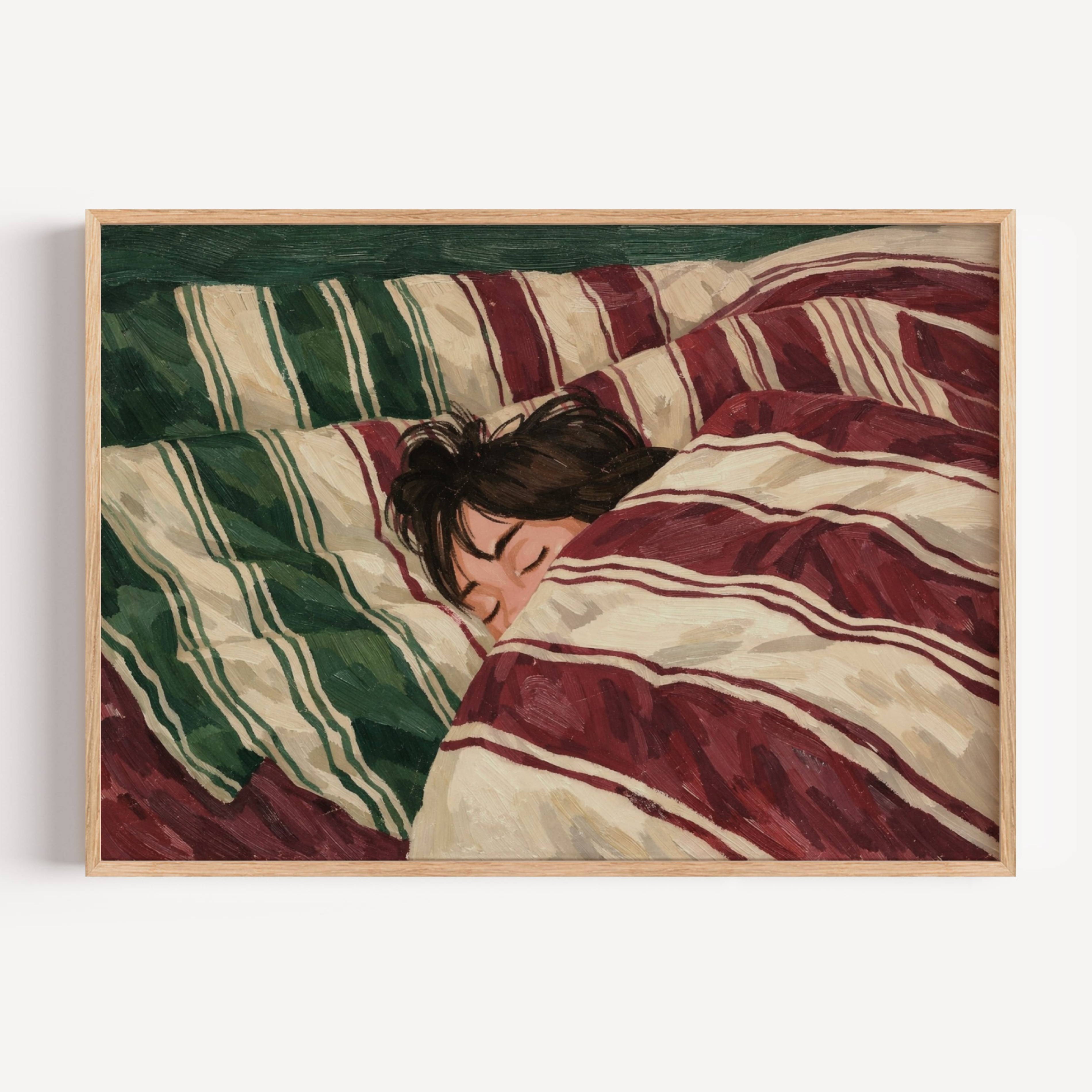 against all productivity is a hand painted wall art print of a sleeping womam in striped bedding, in green and burgundy tones, inspired by slow mornings and nostalgic interiors, symbolizing quiet luxury and unhurried mornings. Horizontal above bed oil painting wall art print . sunday morning aesthetic intimate wall art