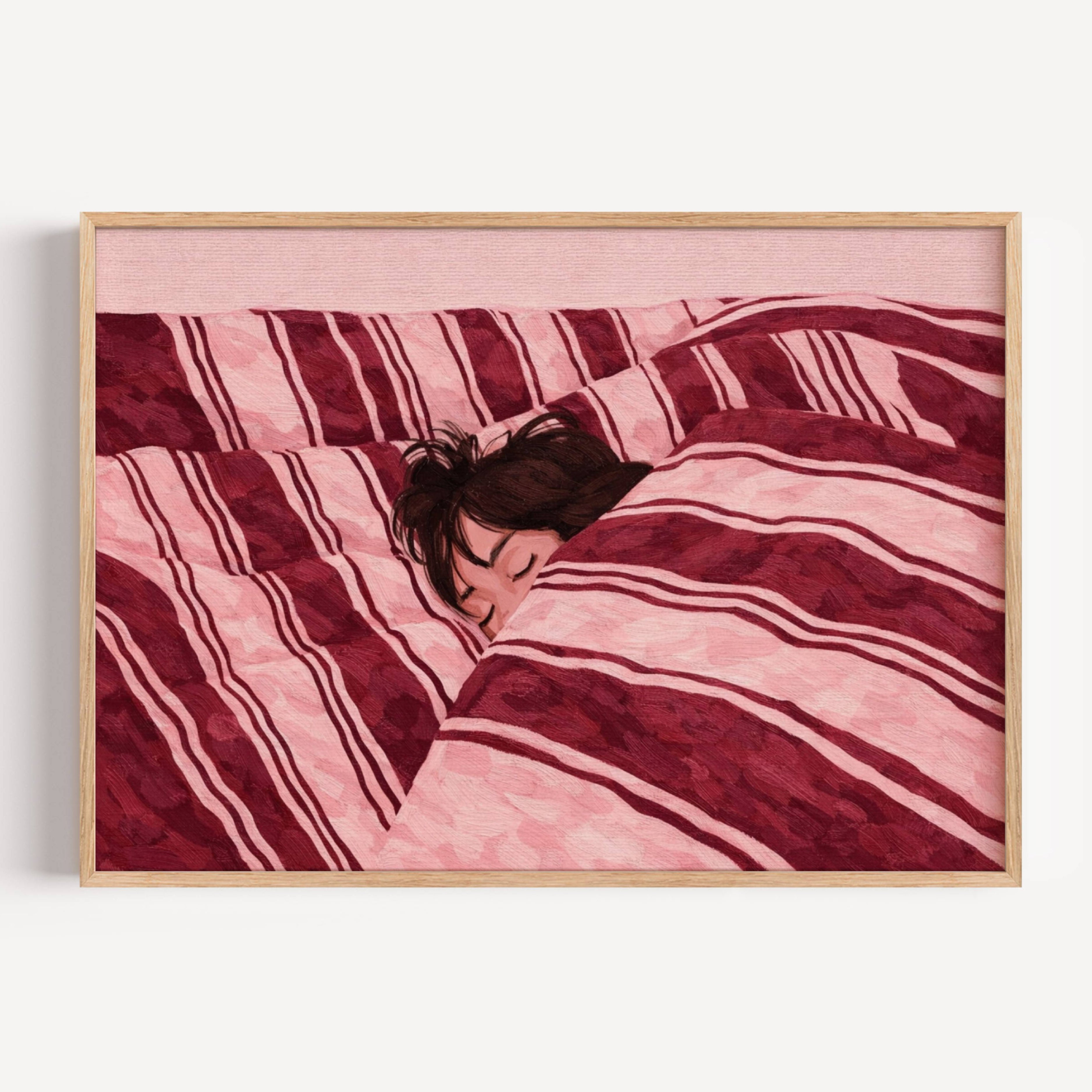 against all productivity is a hand painted wall art print of a sleeping womam in striped bedding, in pink and burgundy tones, inspired by slow mornings and nostalgic interiors, symbolizing quiet luxury and unhurried mornings. Horizontal above bed oil painting wall art print . sunday morning aesthetic intimate wall art