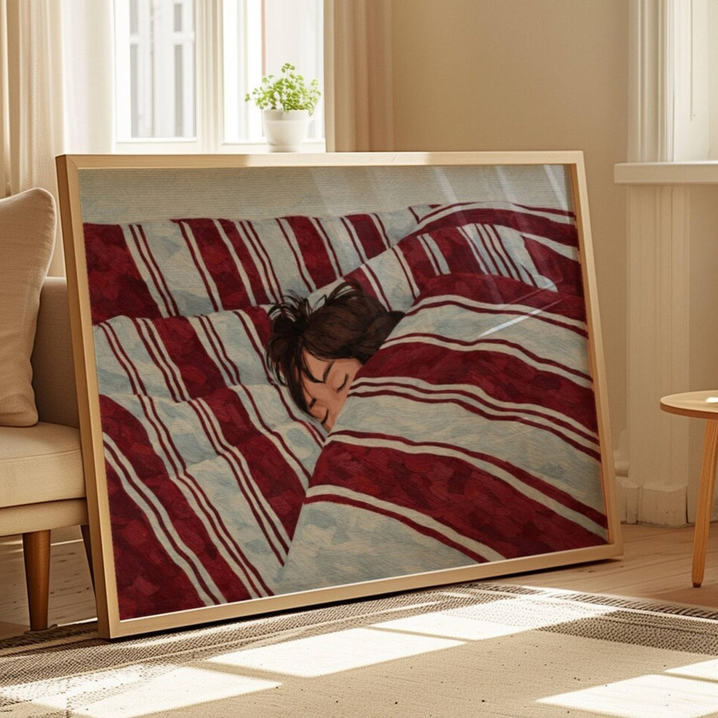 against all productivity is a hand painted wall art print of a sleeping womam in striped bedding, in blue and burgundy tones, inspired by slow mornings and nostalgic interiors, symbolizing quiet luxury and unhurried mornings. Horizontal above bed oil painting wall art print . sunday morning aesthetic intimate wall art
