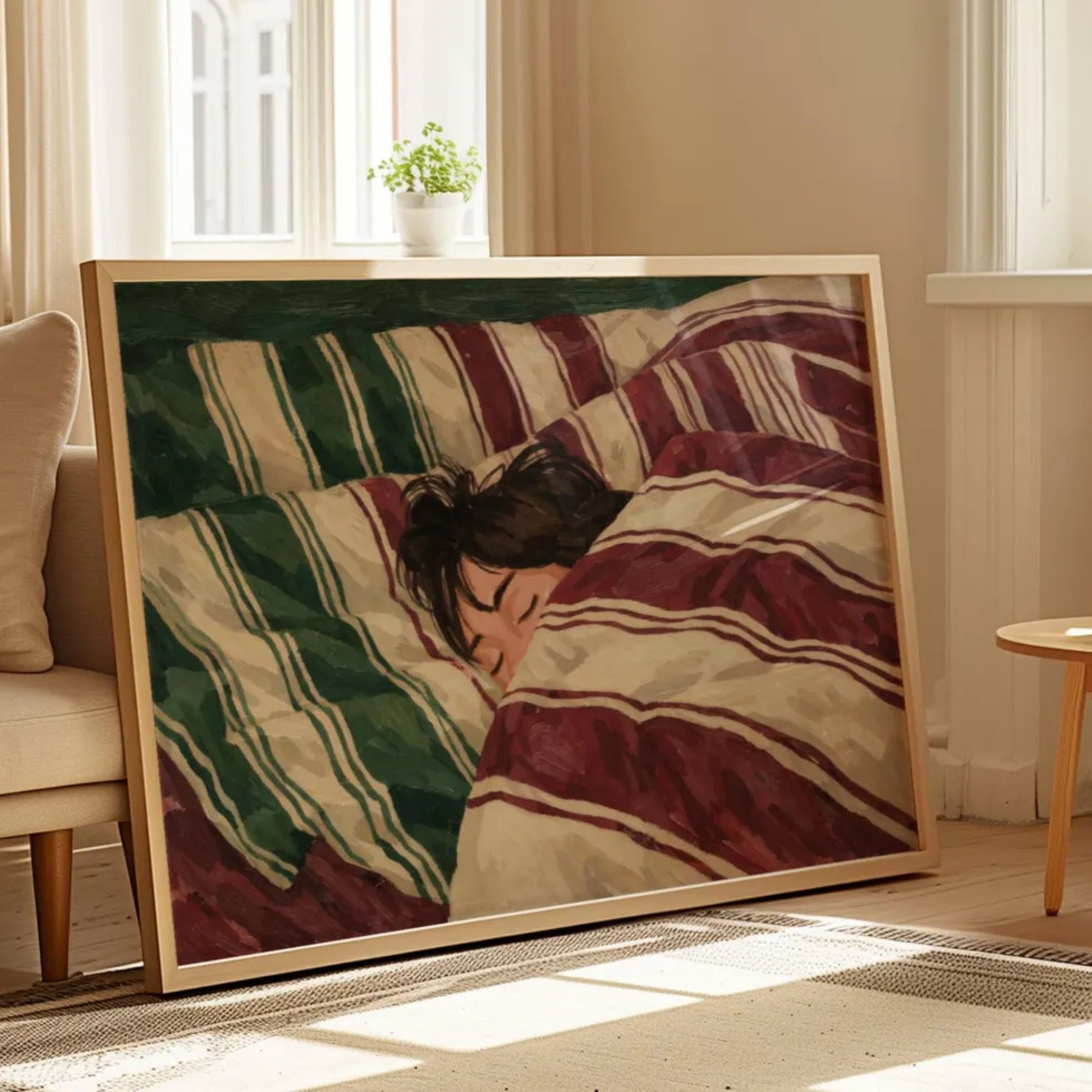 against all productivity is a hand painted wall art print of a sleeping womam in striped bedding, in green and burgundy tones, inspired by slow mornings and nostalgic interiors, symbolizing quiet luxury and unhurried mornings. Horizontal above bed oil painting wall art print . sunday morning aesthetic intimate wall art