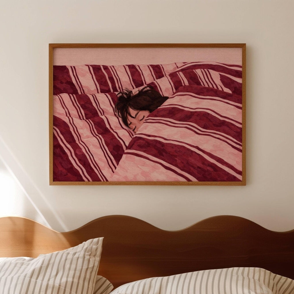 against all productivity is a hand painted wall art print of a sleeping womam in striped bedding, in pink and burgundy tones, inspired by slow mornings and nostalgic interiors, symbolizing quiet luxury and unhurried mornings. Horizontal above bed oil painting wall art print . sunday morning aesthetic intimate wall art