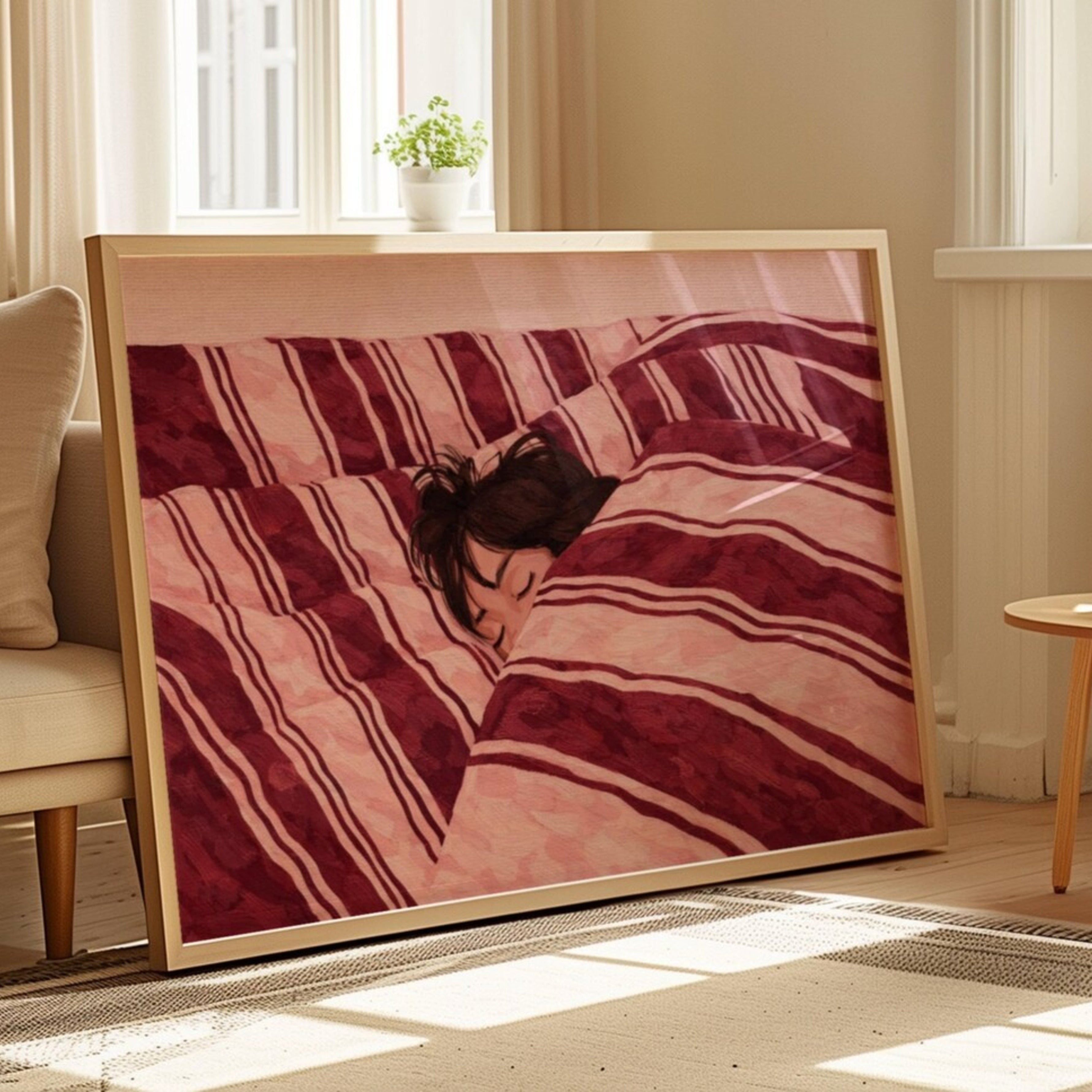 against all productivity is a hand painted wall art print of a sleeping womam in striped bedding, in pink and burgundy tones, inspired by slow mornings and nostalgic interiors, symbolizing quiet luxury and unhurried mornings. Horizontal above bed oil painting wall art print . sunday morning aesthetic intimate wall art