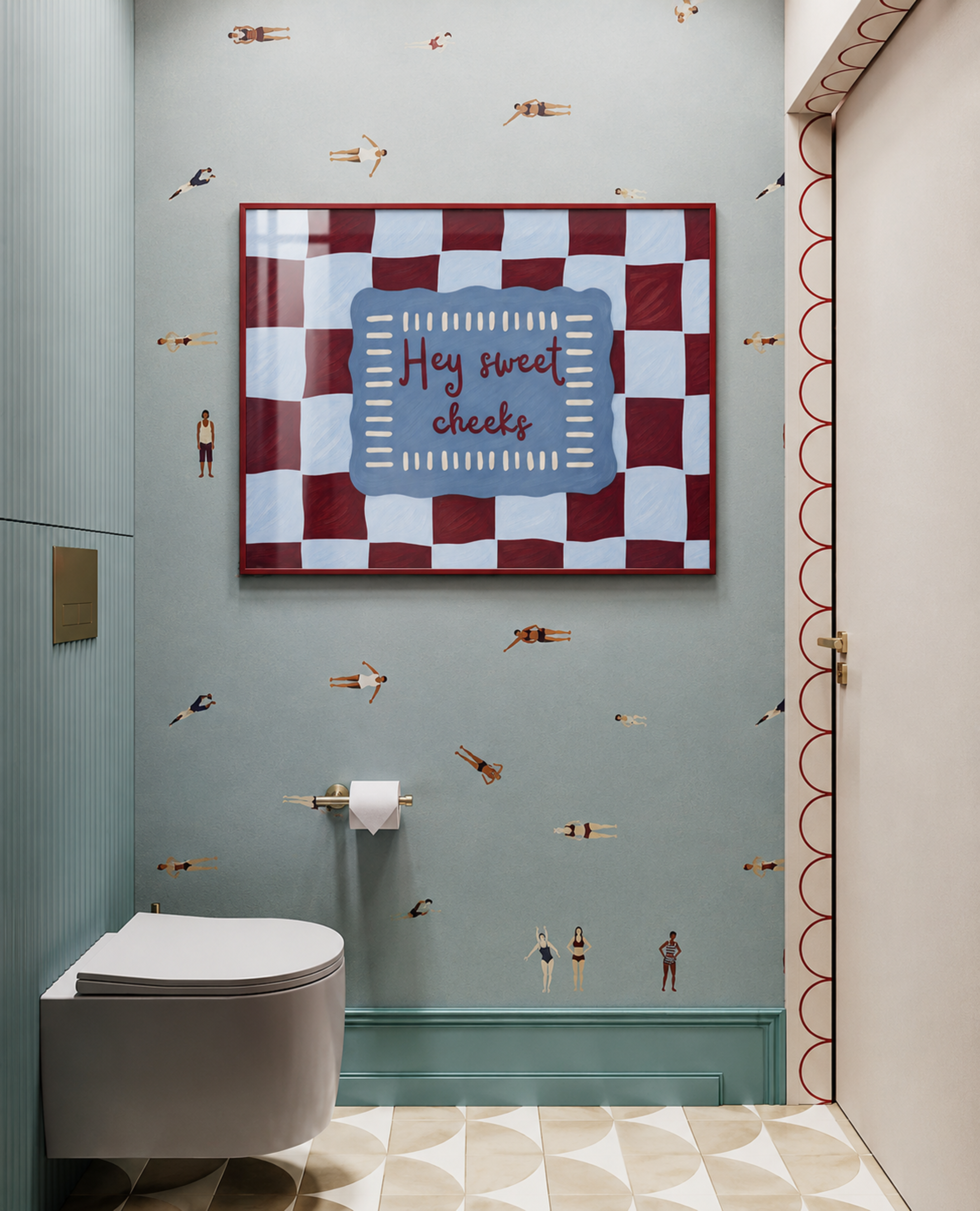 HEY SWEET CHEEKS is a whimsical Retro typography art print designed to bring humour, colour and personality into your bathroom and laundry room. Featuring vintage-inspired Checkered patterns and hand-lettered typography, this artwork captures the nostalgic charm while adding a playful decorative touch to modern interiors. this is a hand drawn Retro quote wall art, ideal for bathrooms, laundry room decor, and cheeky playful interiors. pink green