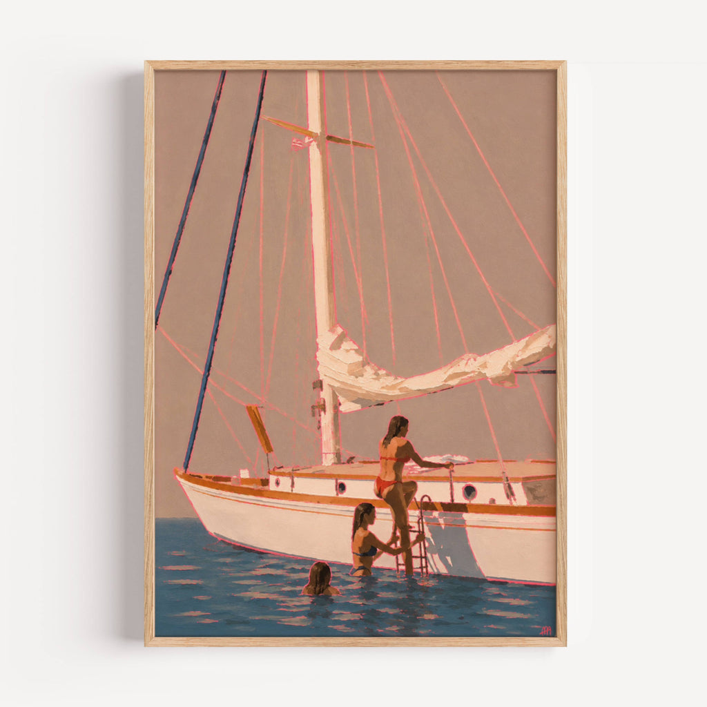 boarding the yacht captures people on a sailboat evoking slow summer evenings, meaningful conversations and the understated luxury of having nowhere else to be. Painted with expressive brushstrokes and warm sun-soaked tones, the composition celebrates the beauty of leisure, ritual and connection. The vibrant pink outlines add a contemporary energy to an otherwise timeless scene, creating a striking balance between modern fine art and nostalgic Mediterranean living.