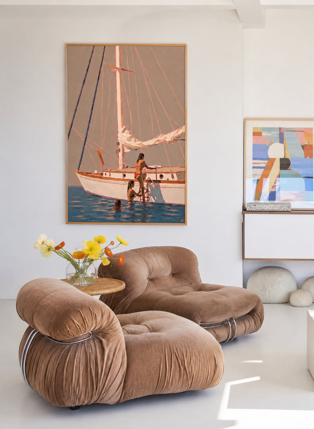 boarding the yacht captures people on a sailboat evoking slow summer evenings, meaningful conversations and the understated luxury of having nowhere else to be. Painted with expressive brushstrokes and warm sun-soaked tones, the composition celebrates the beauty of leisure, ritual and connection. The vibrant pink outlines add a contemporary energy to an otherwise timeless scene, creating a striking balance between modern fine art and nostalgic Mediterranean living.