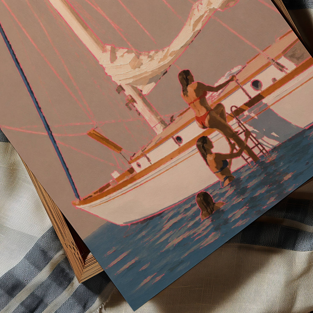 boarding the yacht captures people on a sailboat evoking slow summer evenings, meaningful conversations and the understated luxury of having nowhere else to be. Painted with expressive brushstrokes and warm sun-soaked tones, the composition celebrates the beauty of leisure, ritual and connection. The vibrant pink outlines add a contemporary energy to an otherwise timeless scene, creating a striking balance between modern fine art and nostalgic Mediterranean living.
