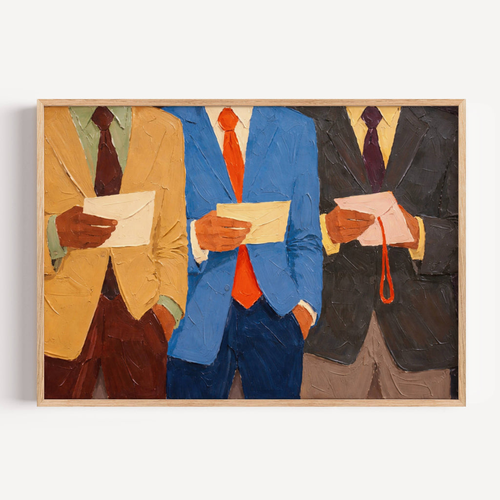 business as usual is a hand painted abstract contemporary figurative wall art print featuring men figures in suits, inspired by contemporary figurative painting, professional culture. Horizontal large textured canva oil painting wall art print for office decor, studies, living rooms, workspaces