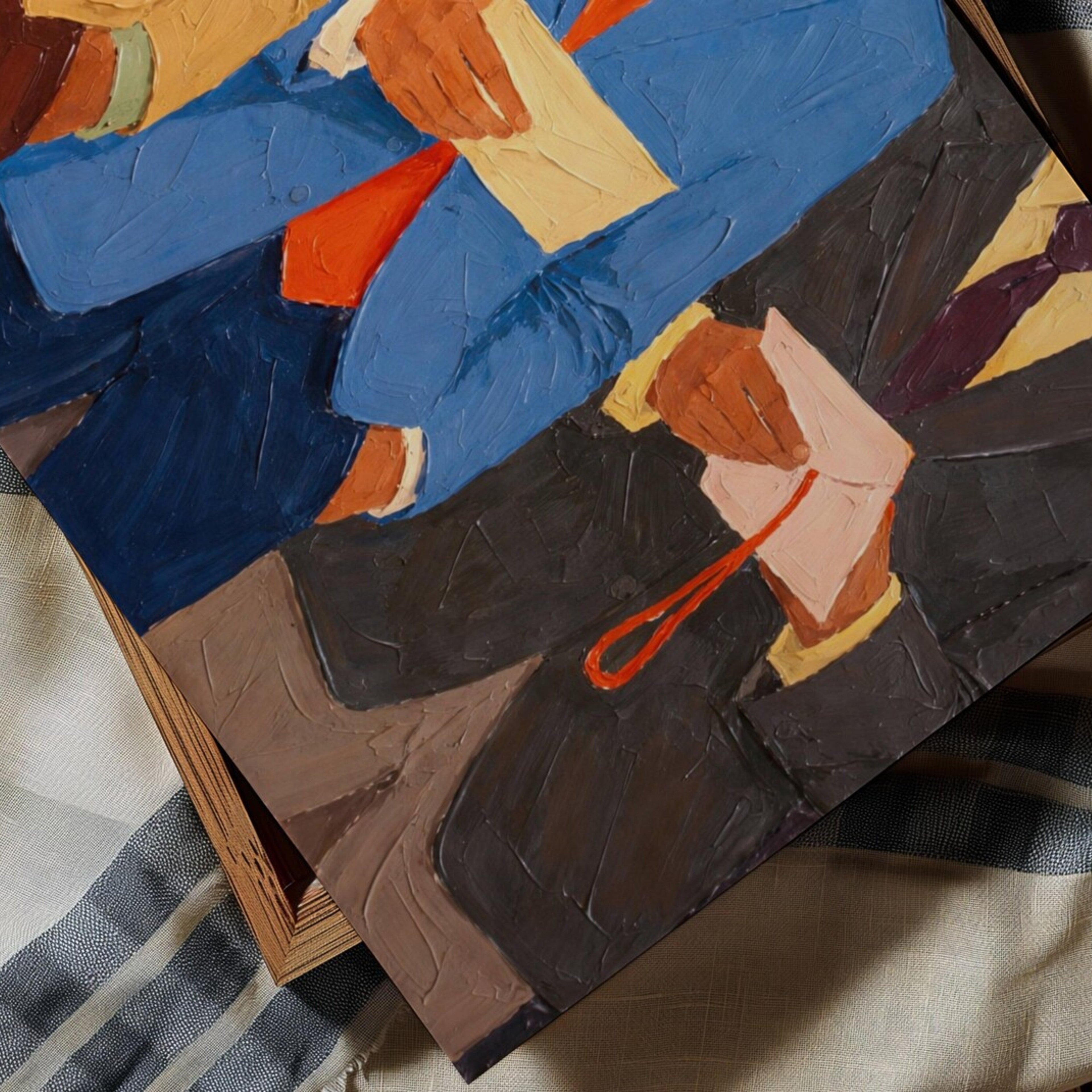 business as usual is a hand painted abstract contemporary figurative wall art print featuring men figures in suits, inspired by contemporary figurative painting, professional culture. Horizontal large textured canva oil painting wall art print for office decor, studies, living rooms, workspaces
