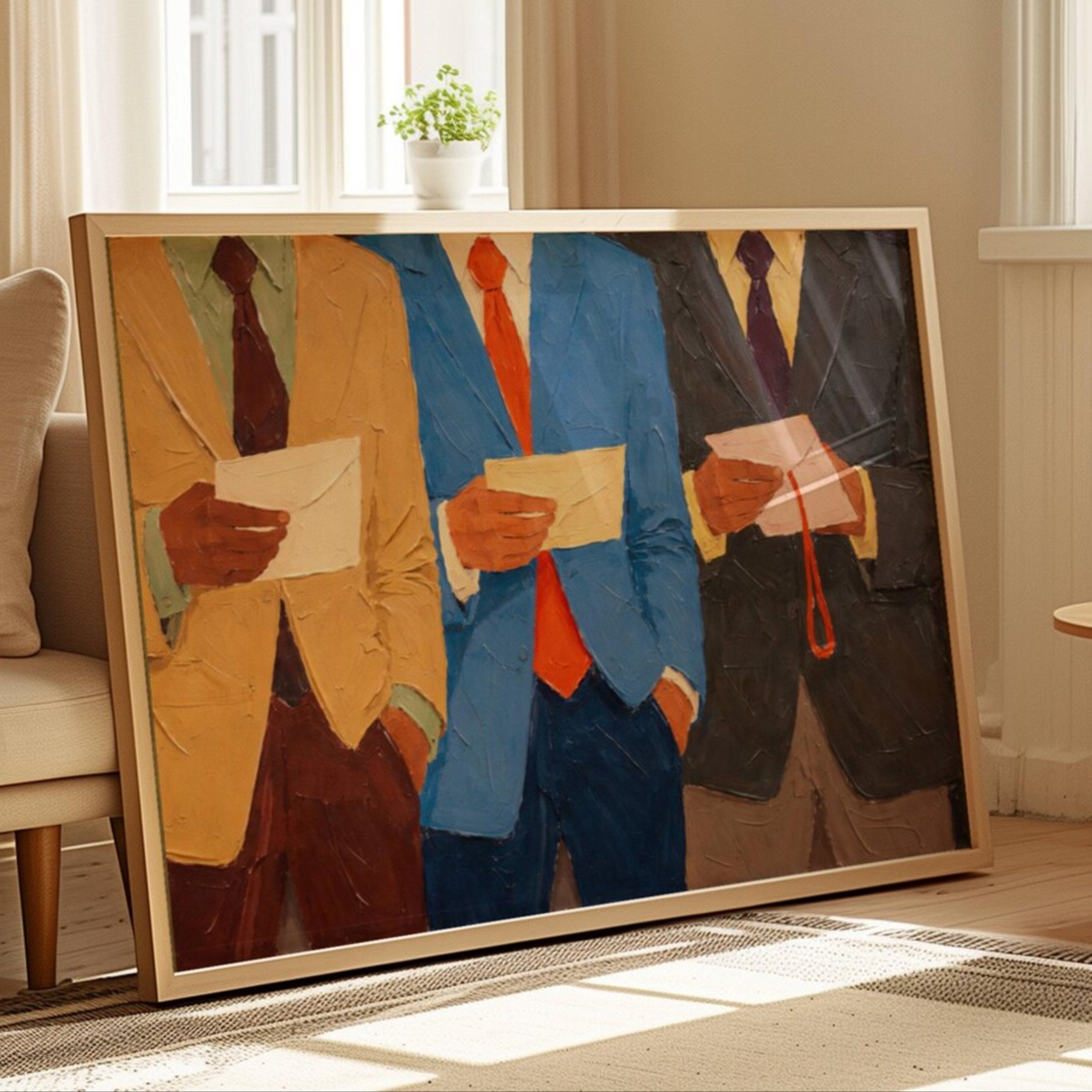 business as usual is a hand painted abstract contemporary figurative wall art print featuring men figures in suits, inspired by contemporary figurative painting, professional culture. Horizontal large textured canva oil painting wall art print for office decor, studies, living rooms, workspaces