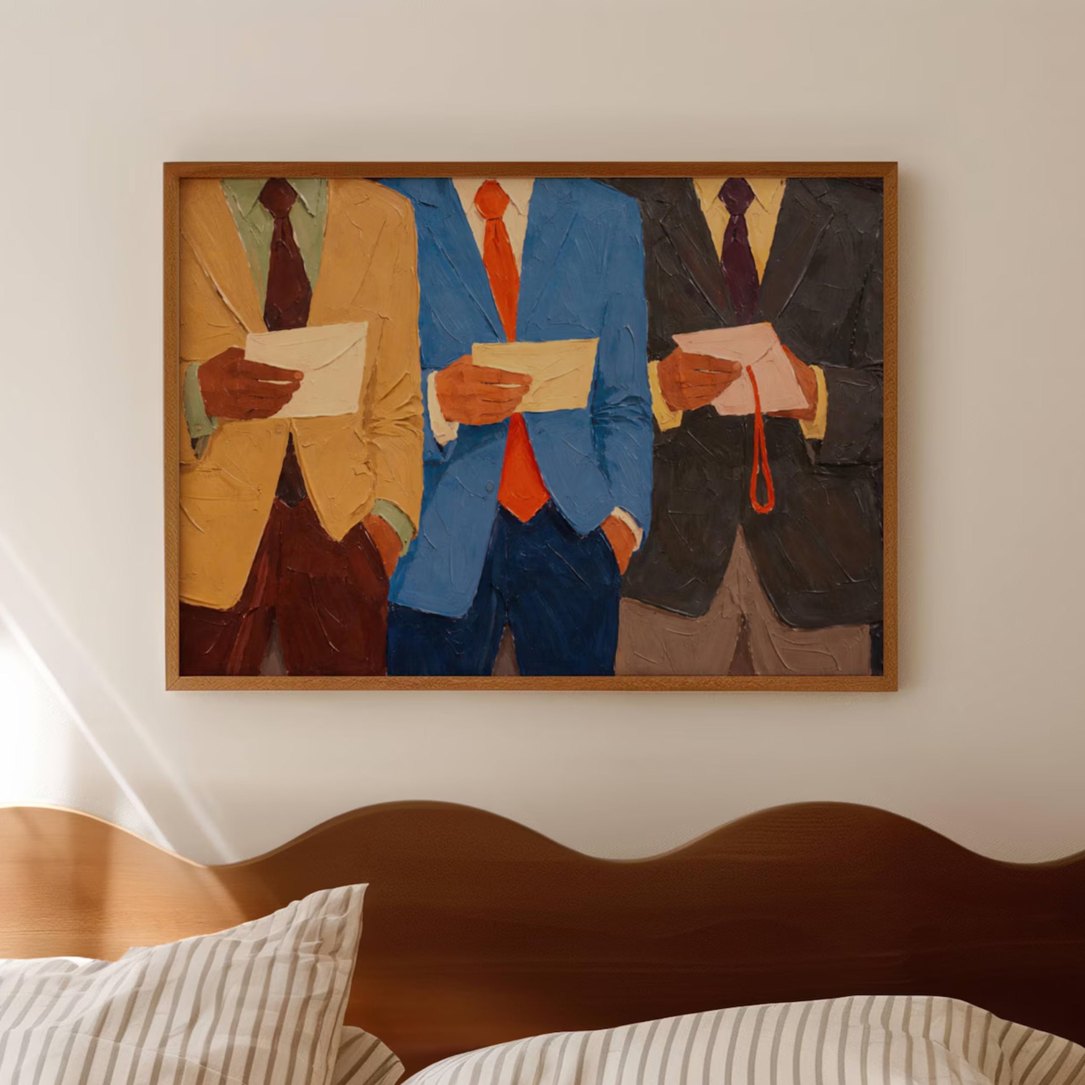 business as usual is a hand painted abstract contemporary figurative wall art print featuring men figures in suits, inspired by contemporary figurative painting, professional culture. Horizontal large textured canva oil painting wall art print for office decor, studies, living rooms, workspaces