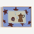 Playful Hand drawn Kitchen wall art with an espresso pot and coffee mug illustrations with cigarettes on a blue star pattern background. This is a hand drawn Oil Painting kitchen and bar cart art Print decor for playful kitchens, dining spaces and eclectic interiors.