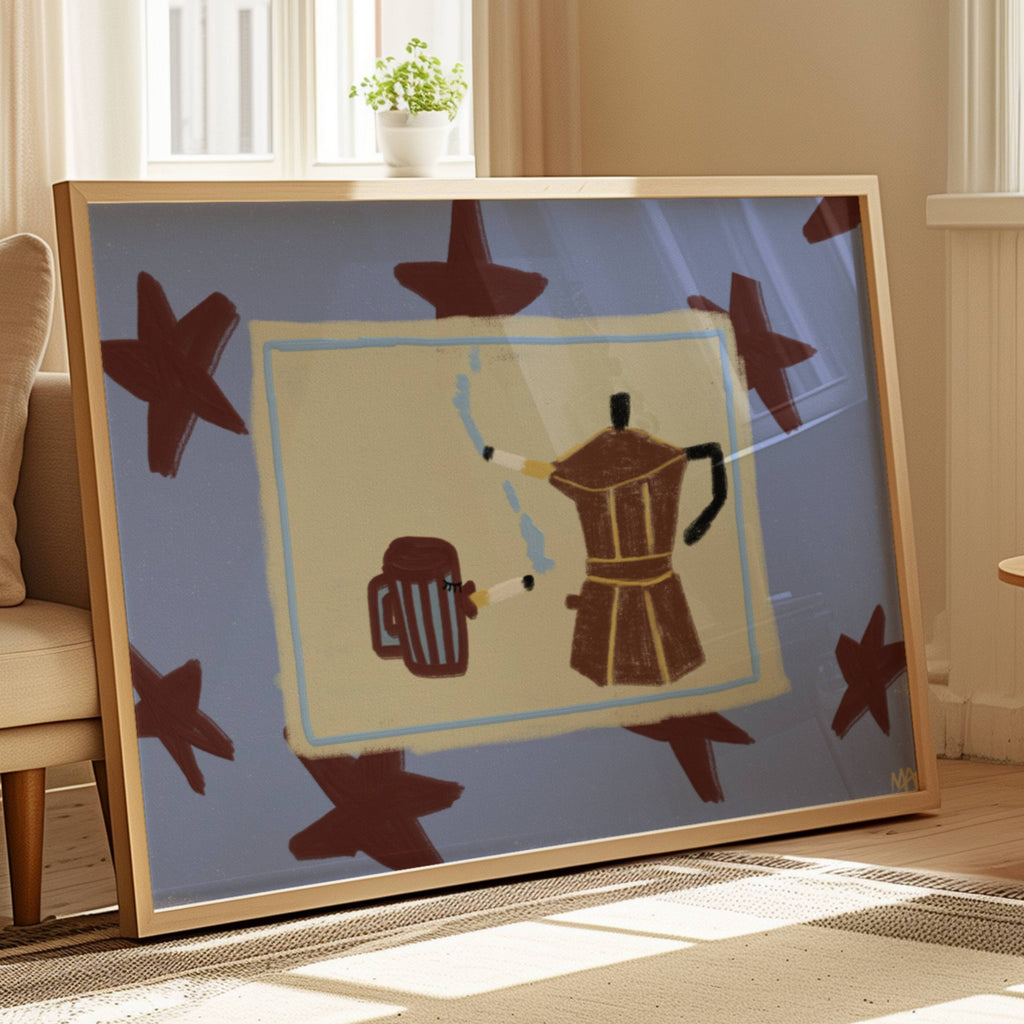 Playful Hand drawn Kitchen wall art with an espresso pot and coffee mug illustrations with cigarettes on a blue star pattern background. This is a hand drawn Oil Painting kitchen and bar cart art Print decor for playful kitchens, dining spaces and eclectic interiors.