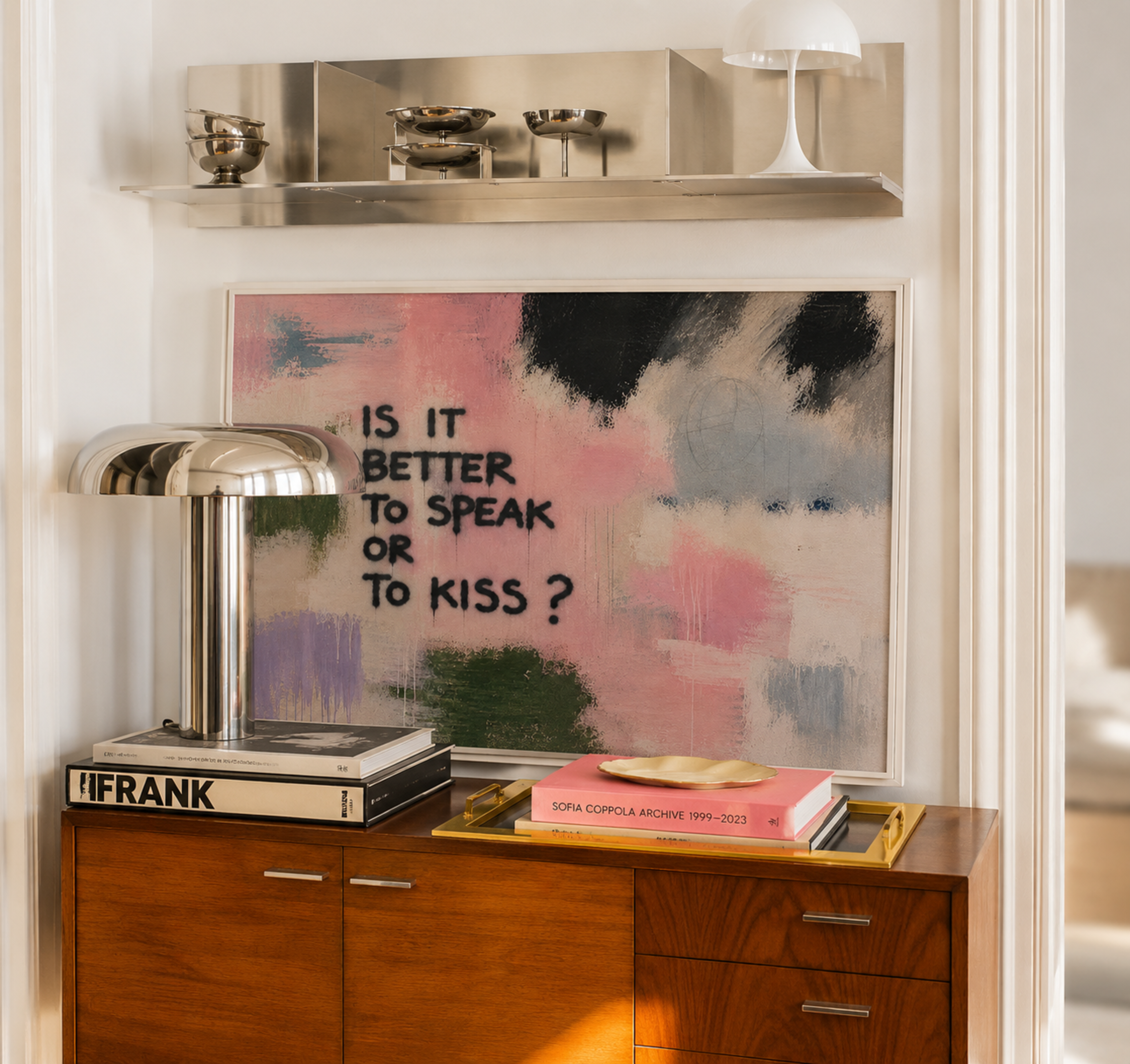 hand drawn Trendy typography abstract print with the motivational quote "IS IT BETTER TO SPEAK OR TO KISS" in a textured abstract painted canva in pink colors. This is a trendy grafitti style typography wall art print ideal for above bed, bedrooms, dorm room decor, living rooms and kitchens, gallery walls and playful interiors. The perfect Cool Girl Apartment decor