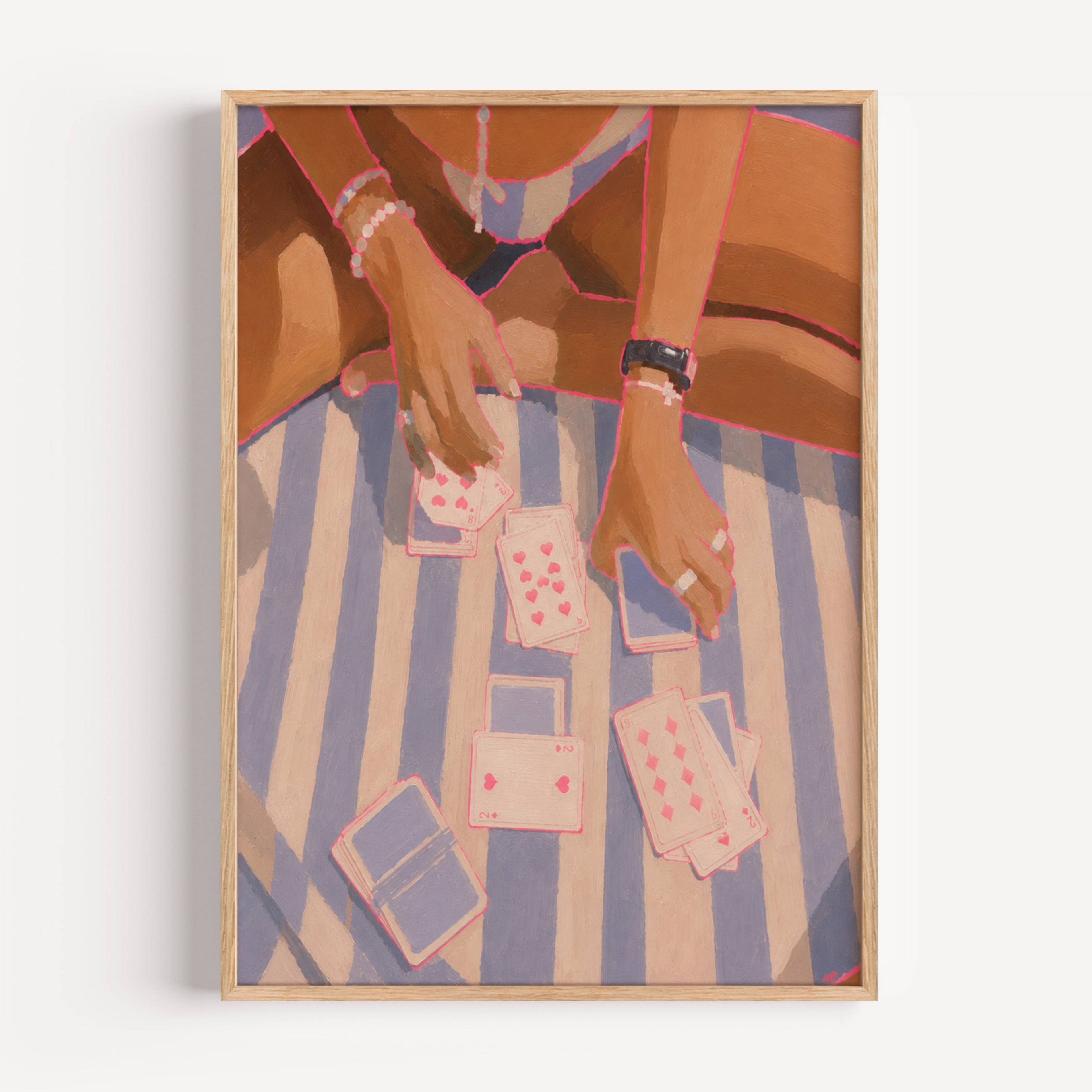 Deal Me Summer captures the carefree rhythm of Mediterranean afternoons, where striped towels become the game table and every hand feels like an excuse to stay a little longer. Inspired by beach clubs, yacht escapes and endless coastal holidays, the artwork celebrates the simple luxury of time well spent. The composition focuses on hands, jewellery and scattered playing cards, transforming an everyday moment into a nostalgic scene of connection, leisure and effortless elegance. Rich painterly textures and a