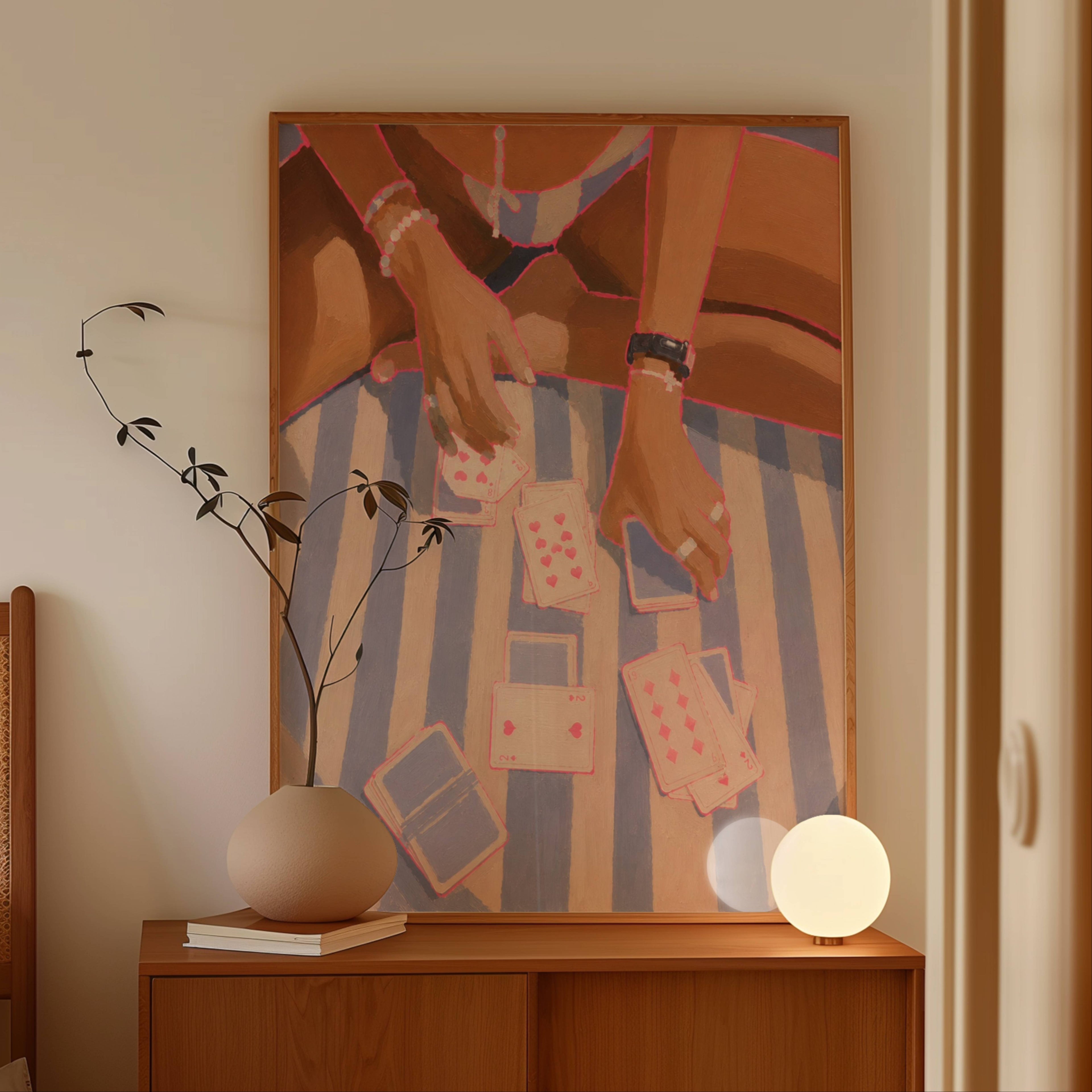 Deal Me Summer captures the carefree rhythm of Mediterranean afternoons, where striped towels become the game table and every hand feels like an excuse to stay a little longer. Inspired by beach clubs, yacht escapes and endless coastal holidays, the artwork celebrates the simple luxury of time well spent. The composition focuses on hands, jewellery and scattered playing cards, transforming an everyday moment into a nostalgic scene of connection, leisure and effortless elegance. Rich painterly textures and a
