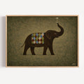 surreal elephant art print with a martini detail, in earthy khaki tones with a painterly texture. It is a hand drawn oil painting, figurative animal art. contemporary, mid century modern style
