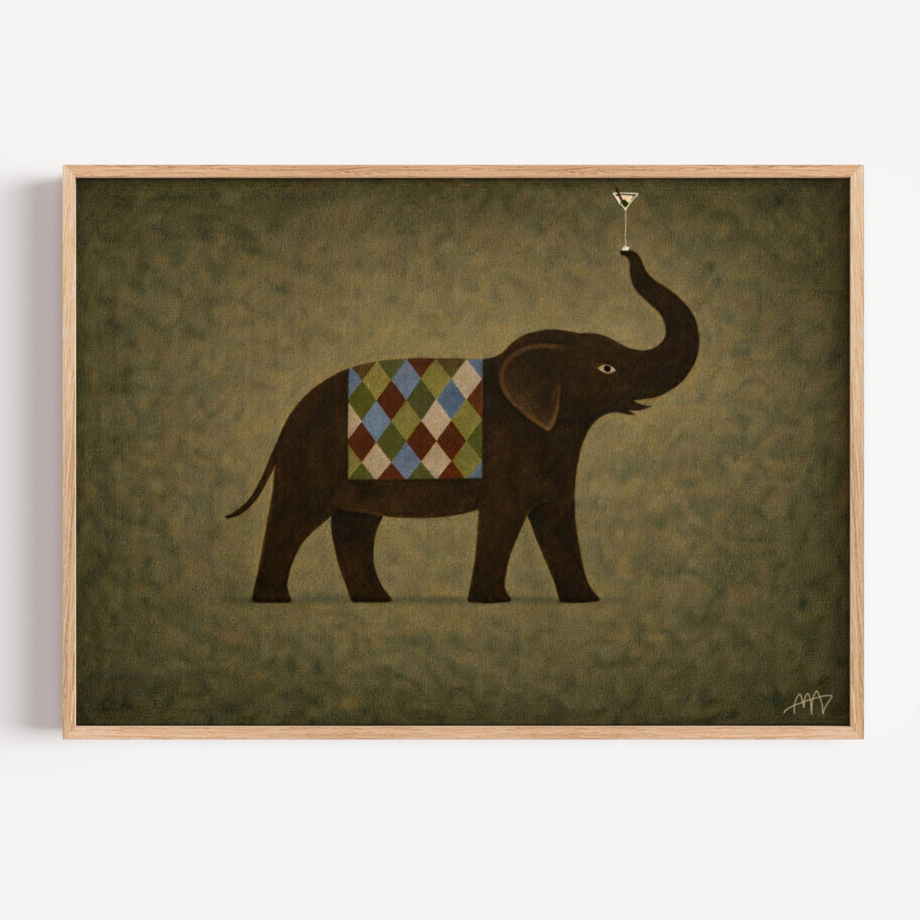 surreal elephant art print with a martini detail, in earthy khaki tones with a painterly texture. It is a hand drawn oil painting, figurative animal art. contemporary, mid century modern style