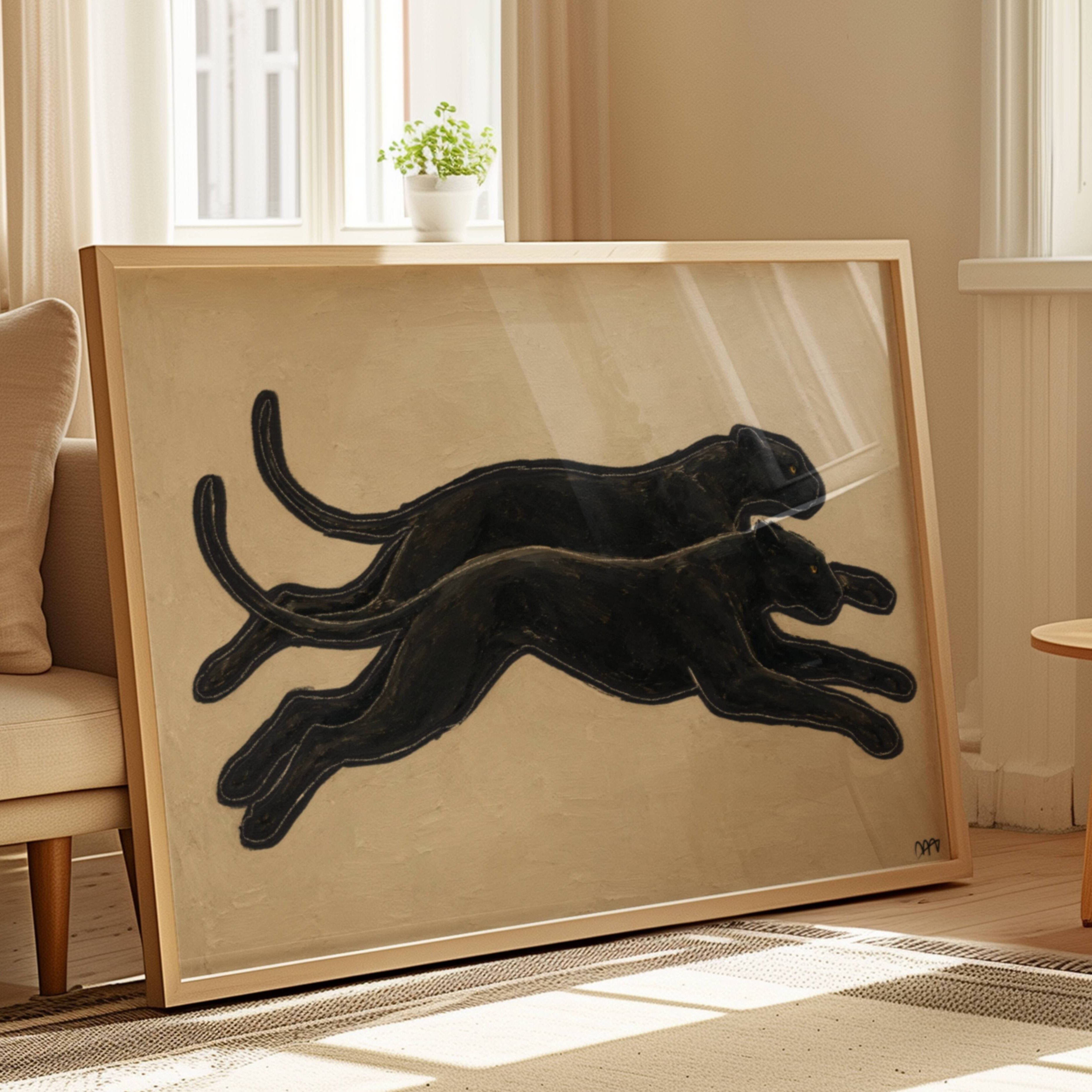 eternal chase is a hand painted Minimalist Vintage symbolic wall art print of two Black panthers running side by side against a neutral background, inspired by quiet luxury interiors, symbolizing strength, movement and duality. Minimalist Mid century modern cheetah panther oil painting