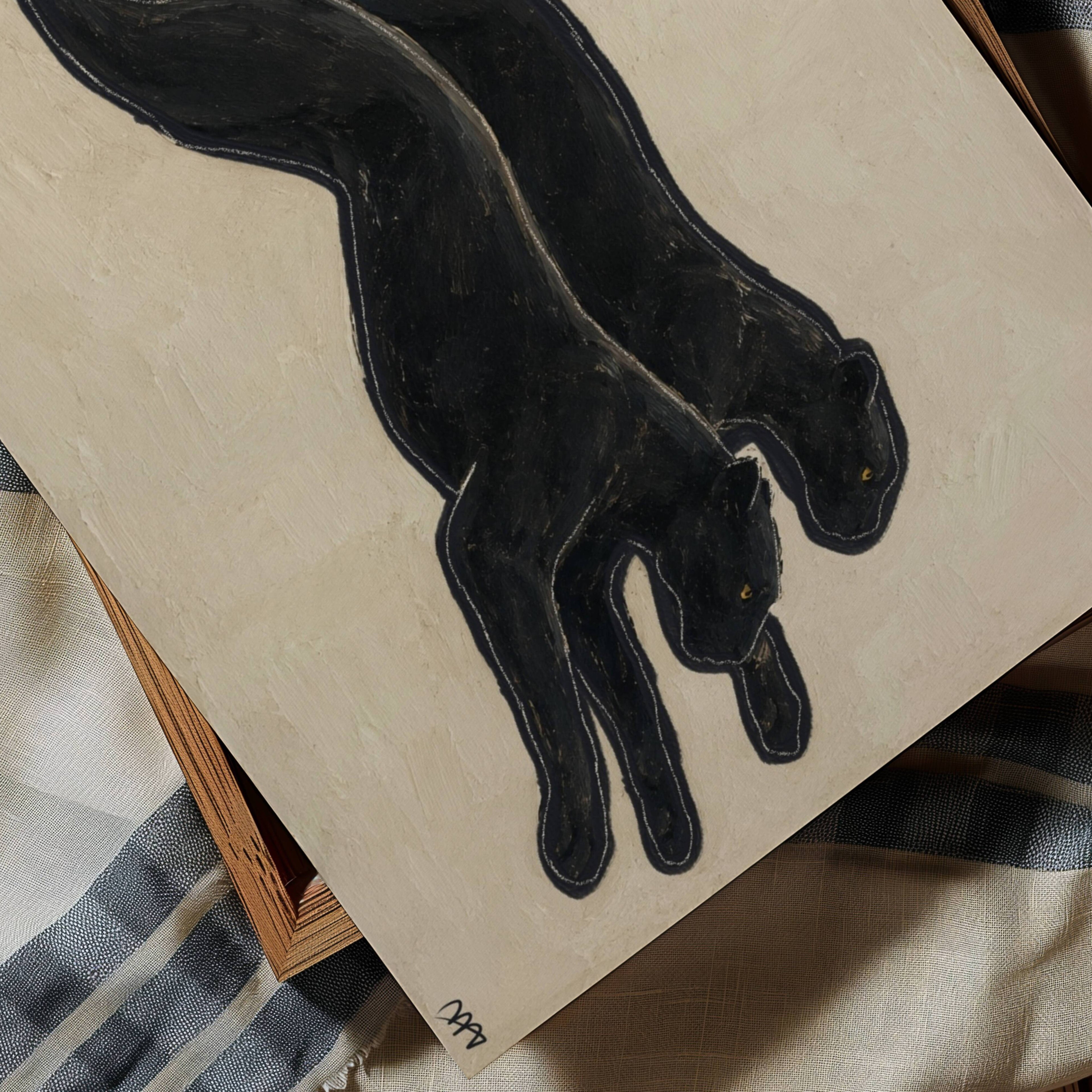 eternal chase is a hand painted Minimalist Vintage symbolic wall art print of two Black panthers running side by side against a neutral background, inspired by quiet luxury interiors, symbolizing strength, movement and duality. Minimalist Mid century modern cheetah panther oil painting