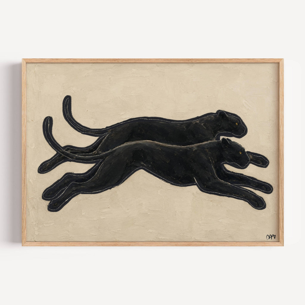 eternal chase is a hand painted Minimalist Vintage symbolic wall art print of two Black panthers running side by side against a neutral background, inspired by quiet luxury interiors, symbolizing strength, movement and duality. Minimalist Mid century modern cheetah panther oil painting