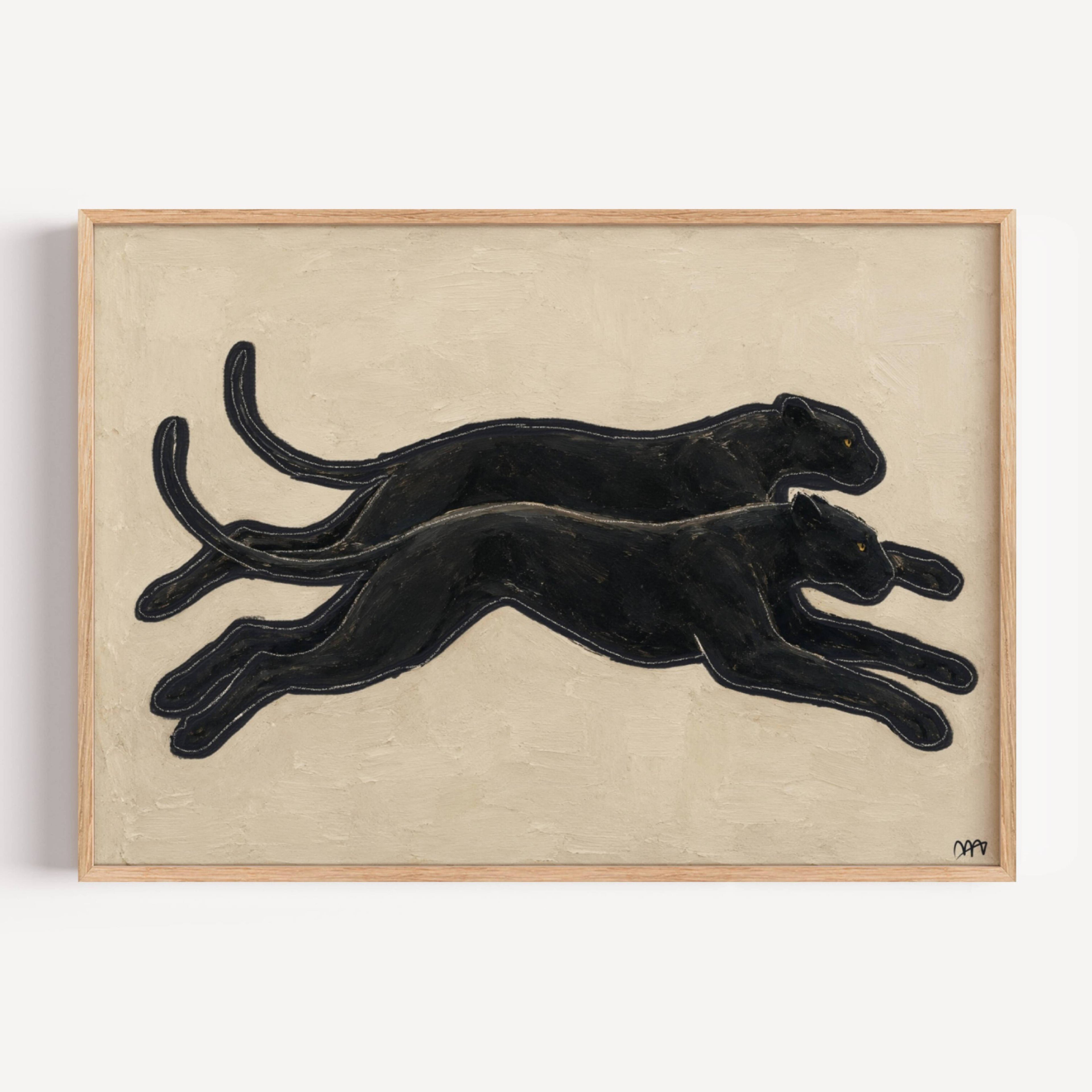 eternal chase is a hand painted Minimalist Vintage symbolic wall art print of two Black panthers running side by side against a neutral background, inspired by quiet luxury interiors, symbolizing strength, movement and duality. Minimalist Mid century modern cheetah panther oil painting