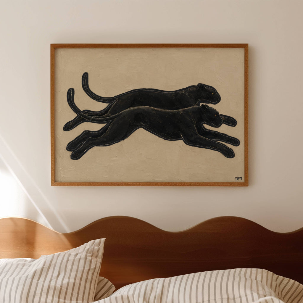 eternal chase is a hand painted Minimalist Vintage symbolic wall art print of two Black panthers running side by side against a neutral background, inspired by quiet luxury interiors, symbolizing strength, movement and duality. Minimalist Mid century modern cheetah panther oil painting