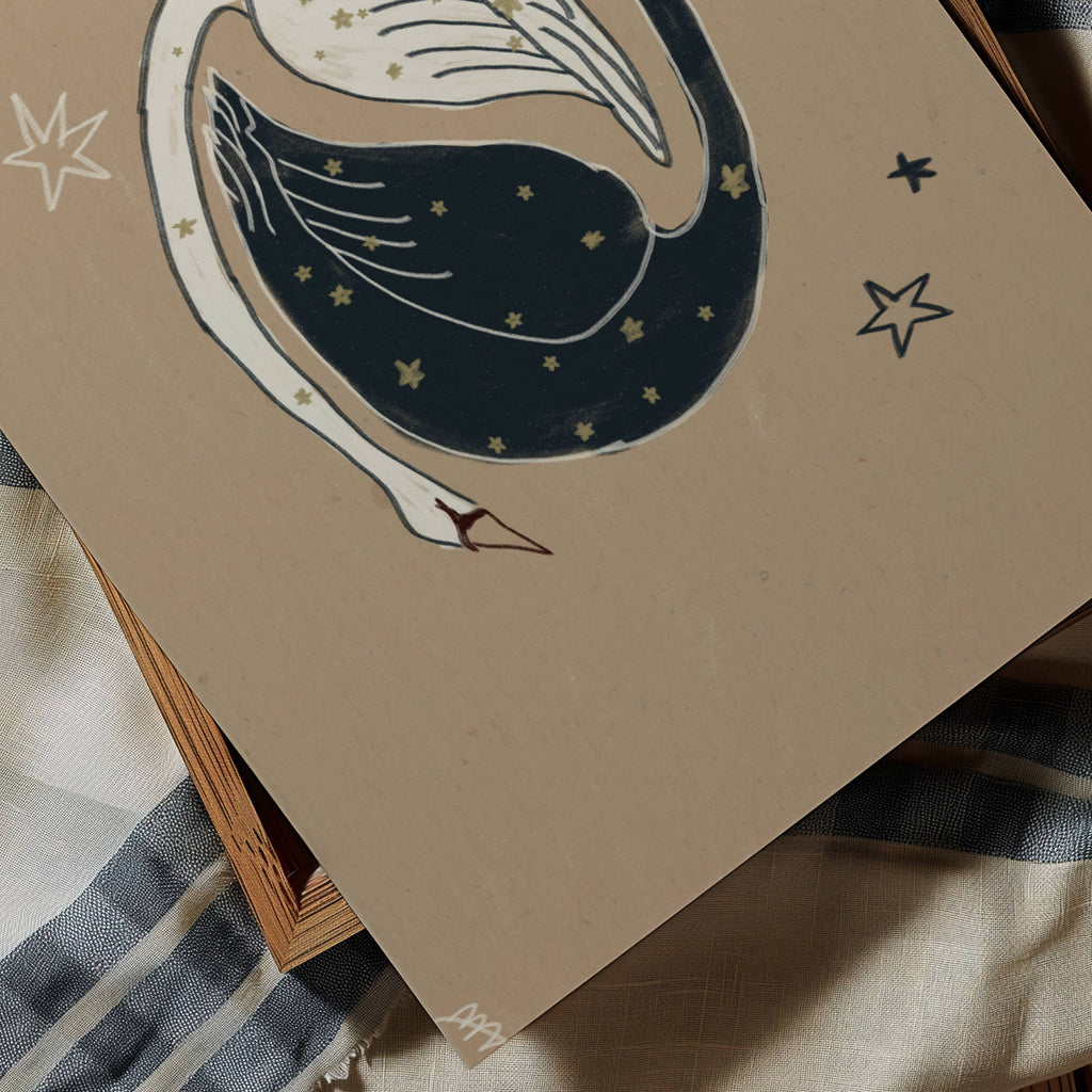 eternal orbit is a hand painted Minimalist Vintage symbolic swan wall art print of two swans, one black swan and one white swan, with celestial motifs against a neutral background, inspired by quiet luxury interiors. Minimalist Mid century modern swans oil painting