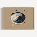 eternal orbit is a hand painted Minimalist Vintage symbolic swan wall art print of two swans, one black swan and one white swan, with celestial motifs against a neutral background, inspired by quiet luxury interiors. Minimalist Mid century modern swans oil painting