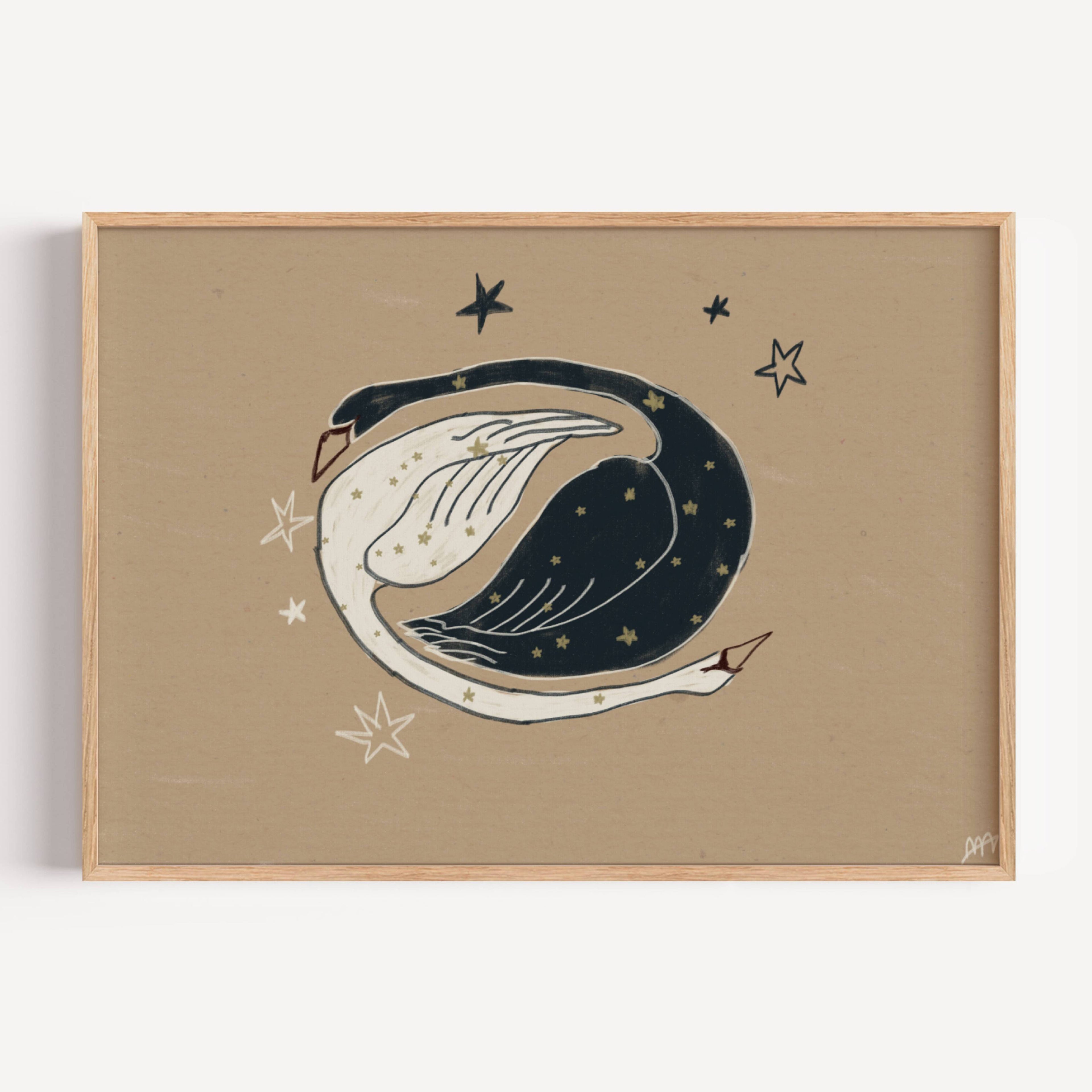 eternal orbit is a hand painted Minimalist Vintage symbolic swan wall art print of two swans, one black swan and one white swan, with celestial motifs against a neutral background, inspired by quiet luxury interiors. Minimalist Mid century modern swans oil painting