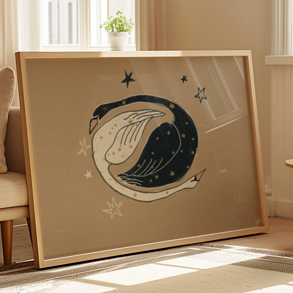 eternal orbit is a hand painted Minimalist Vintage symbolic swan wall art print of two swans, one black swan and one white swan, with celestial motifs against a neutral background, inspired by quiet luxury interiors. Minimalist Mid century modern swans oil painting