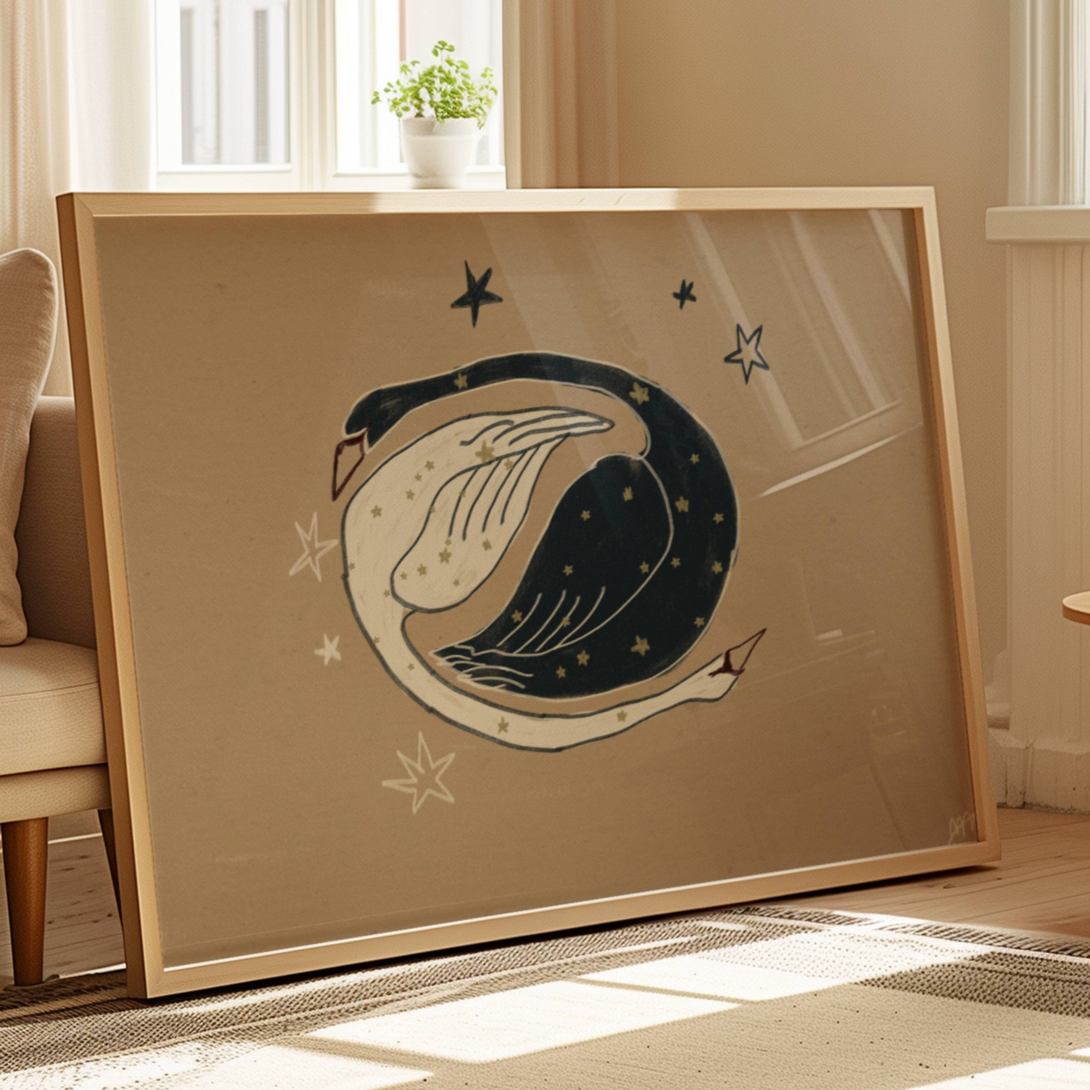 eternal orbit is a hand painted Minimalist Vintage symbolic swan wall art print of two swans, one black swan and one white swan, with celestial motifs against a neutral background, inspired by quiet luxury interiors. Minimalist Mid century modern swans oil painting
