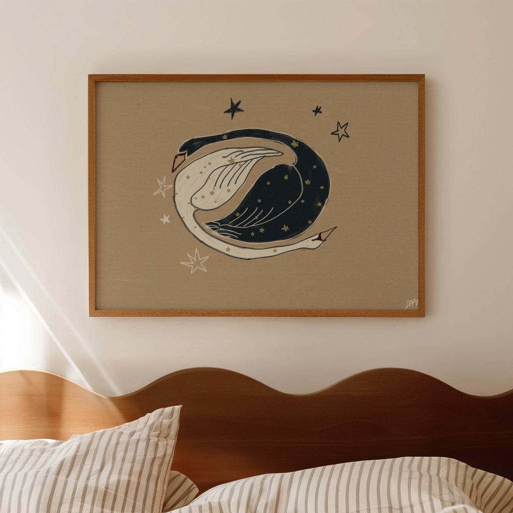 eternal orbit is a hand painted Minimalist Vintage symbolic swan wall art print of two swans, one black swan and one white swan, with celestial motifs against a neutral background, inspired by quiet luxury interiors. Minimalist Mid century modern swans oil painting