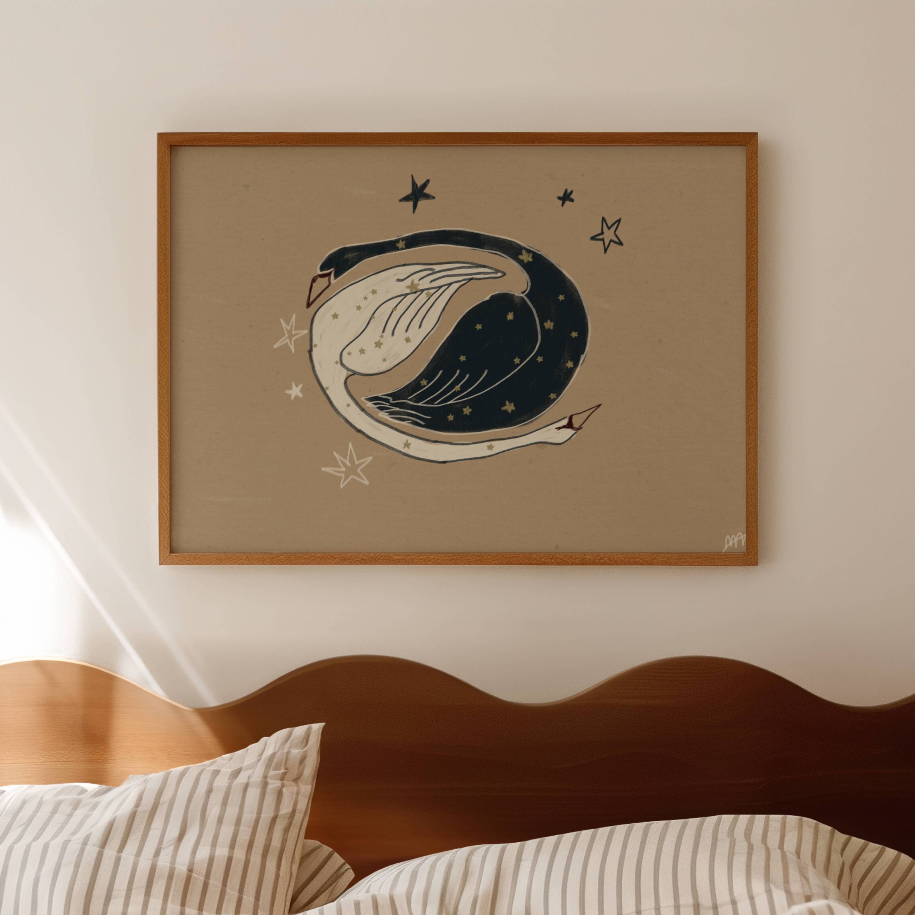 eternal orbit is a hand painted Minimalist Vintage symbolic swan wall art print of two swans, one black swan and one white swan, with celestial motifs against a neutral background, inspired by quiet luxury interiors. Minimalist Mid century modern swans oil painting