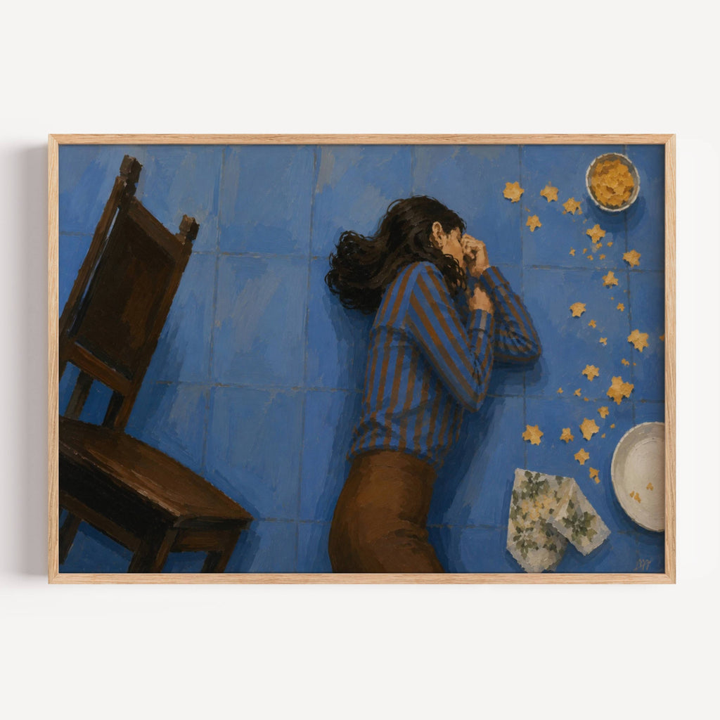Framed artwork of a person lying on a blue floor with a chair and scattered items.