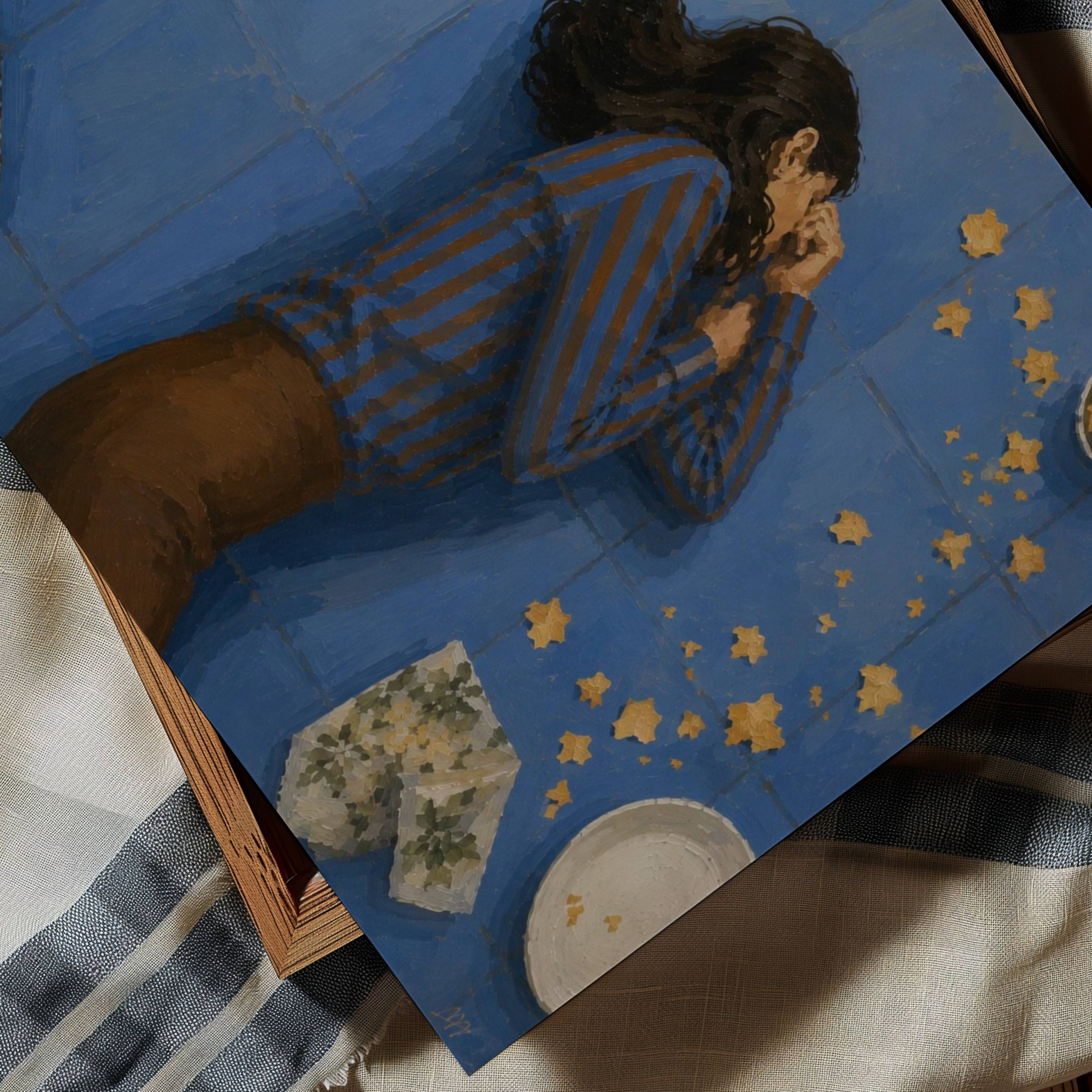 excuse me for a second is a hand painted retro nostalgic contemporary figurative wall art print of a girl lying on the floor among scattered food on a blue background, inspired by contemporary figurative painting, cinematic images, the melancholy beauty of old films, bringing storytelling, atmosphere and fashion. large textured canva oil painting wall art print