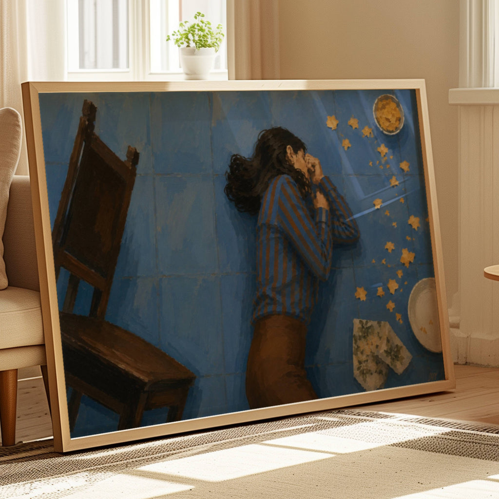excuse me for a second is a hand painted retro nostalgic contemporary figurative wall art print of a girl lying on the floor among scattered food on a blue background, inspired by contemporary figurative painting, cinematic images, the melancholy beauty of old films, bringing storytelling, atmosphere and fashion. large textured canva oil painting wall art print