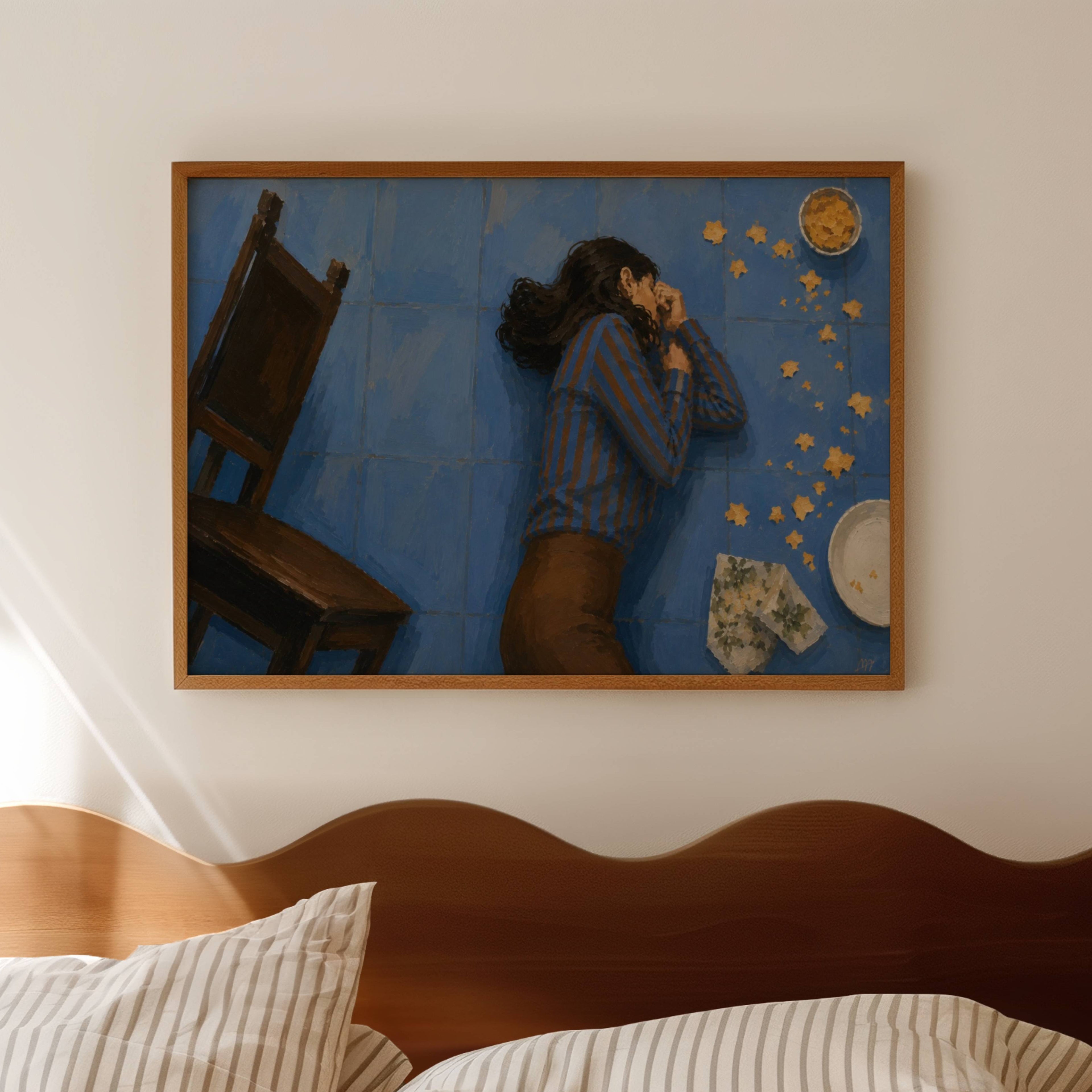 excuse me for a second is a hand painted retro nostalgic contemporary figurative wall art print of a girl lying on the floor among scattered food on a blue background, inspired by contemporary figurative painting, cinematic images, the melancholy beauty of old films, bringing storytelling, atmosphere and fashion. large textured canva oil painting wall art print