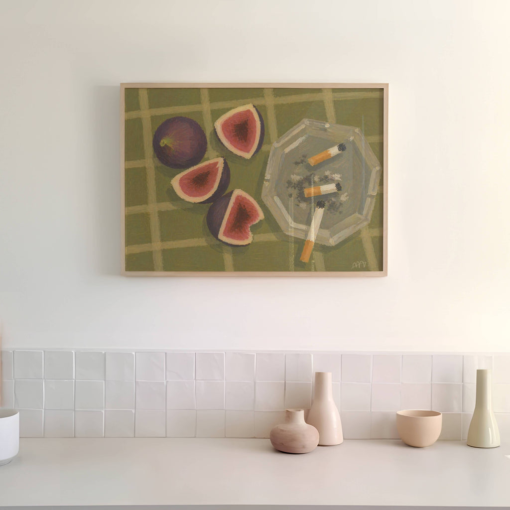 figs and cigarettes contemporary still life Kitchen wall art with hand drawn ripe figs and ashtray illustrations on a khaki background, with expressive painterly texture and nostalgic atmosphere. This is a hand drawn still life table Oil Painting kitchen and bar cart art Print decor for playful kitchens, dining spaces and eclectic interiors.